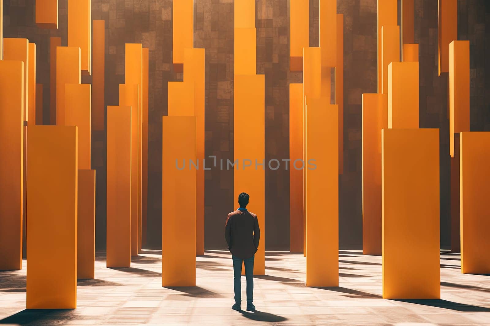 Businessman choice concept with man thinking about the solution in the room of columns and graphs. Generated AI