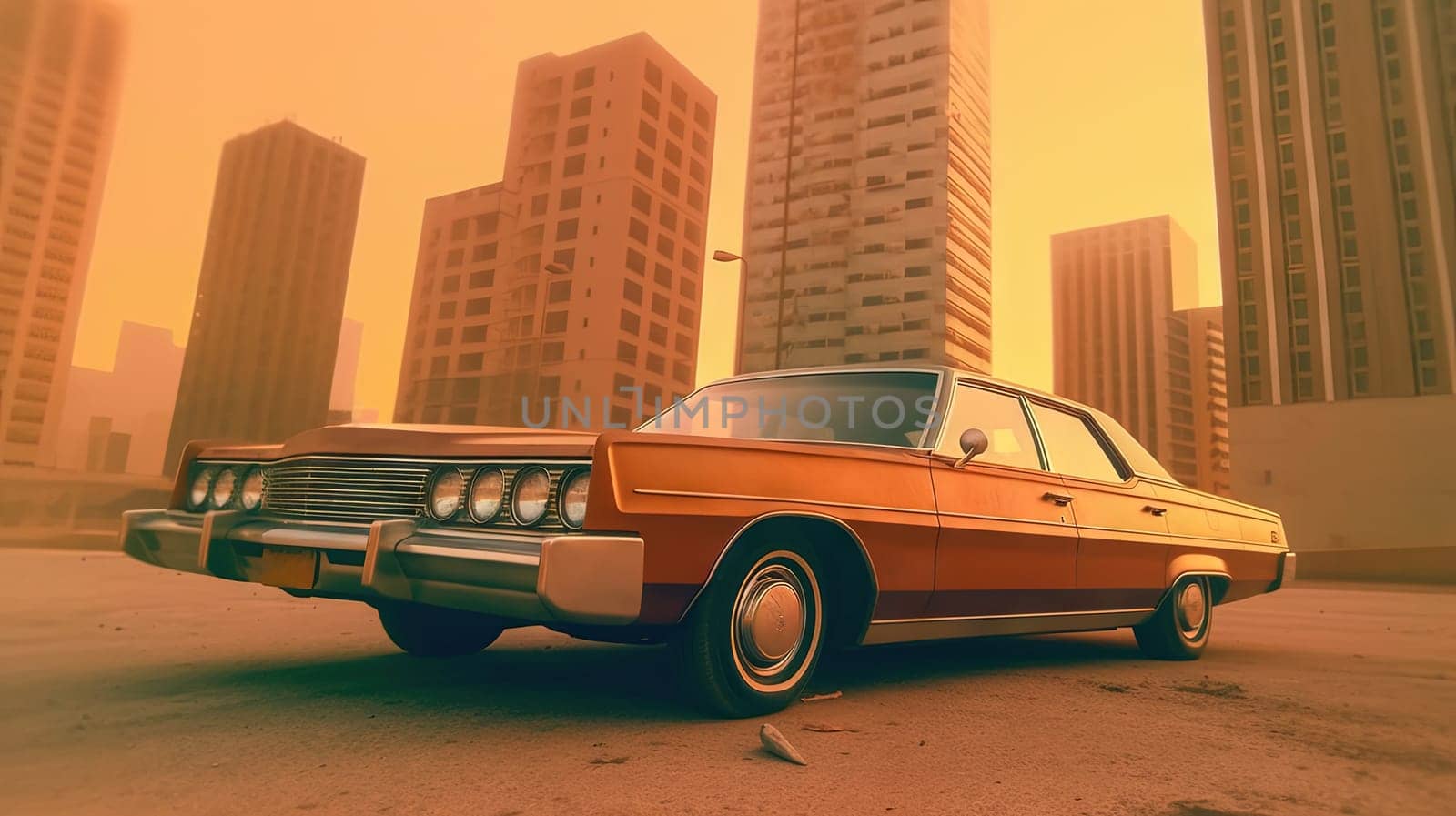 Expesive retro car in 70s style on the urban street with orange sky. Generated AI