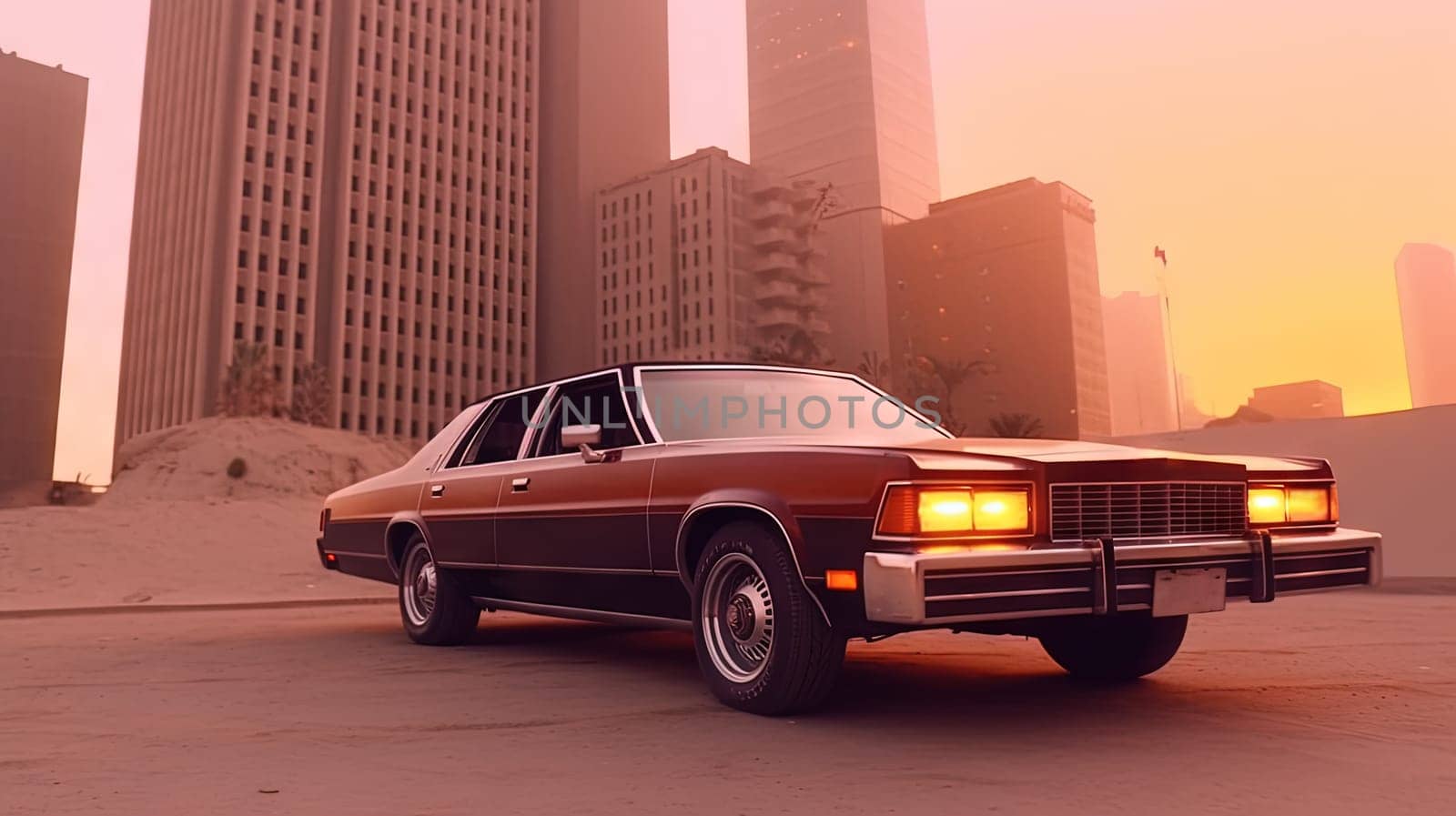 Expesive retro car in 70s style on the urban street with orange sky. Generated AI