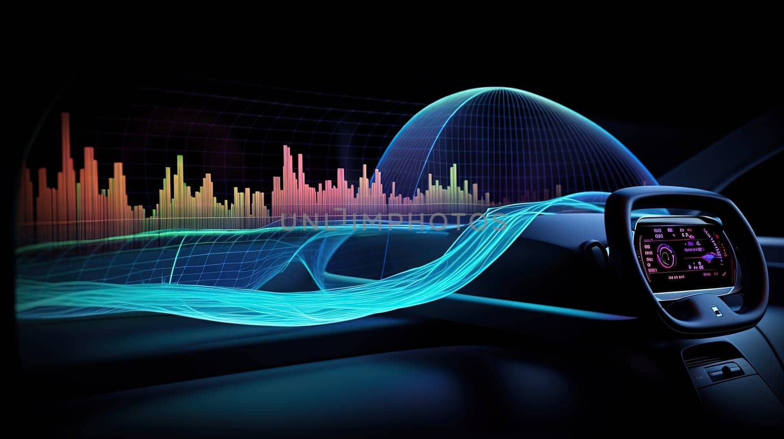 Futuristic car dashboard with graphs and bars for measurement and tuning of self-driving vehicle. Generated AI.