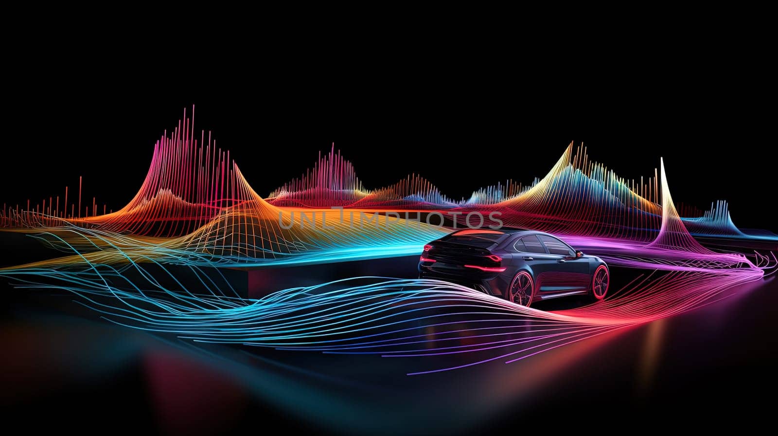 Car audio installation service concept with auto vehicle surrounded by music and sound waves. Generated AI