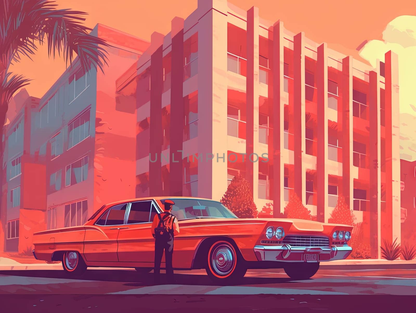 Retro car is parked in front of a large building. Red toned illustration of summer hot scene with car. Generated AI.