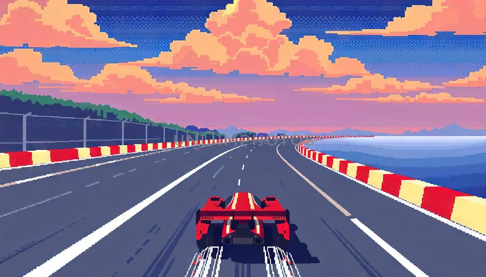 Racing car on a coastal road at sunset with colorful clouds in the sky in pixel art style. Generated AI.