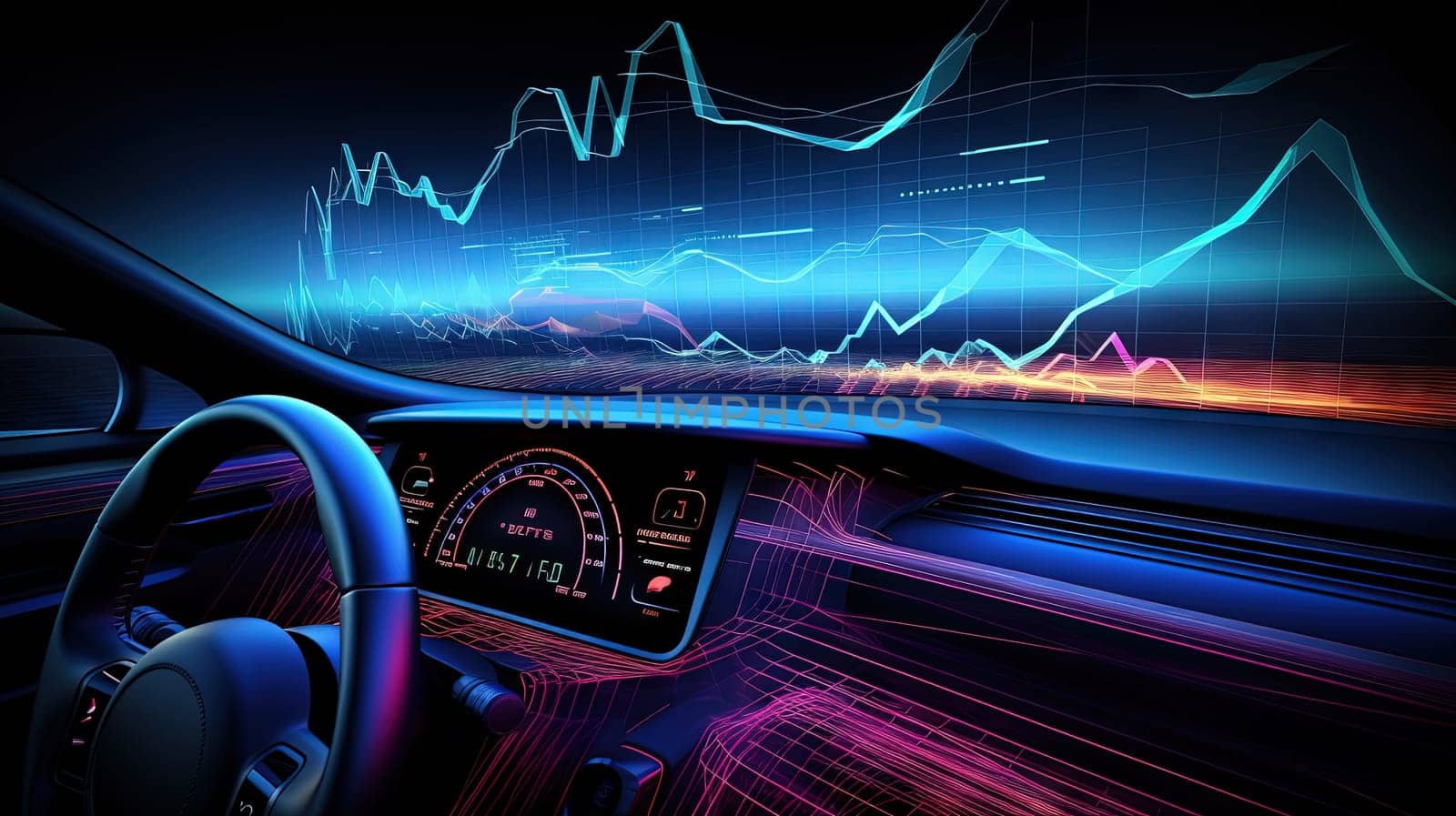 Futuristic car dashboard with graphs and bars for measurement and tuning of self-driving vehicle. Generated AI.