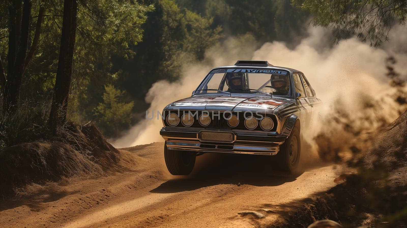 Old rally car on the road, splashing the dirt in racing scene in the forest. Generated AI.