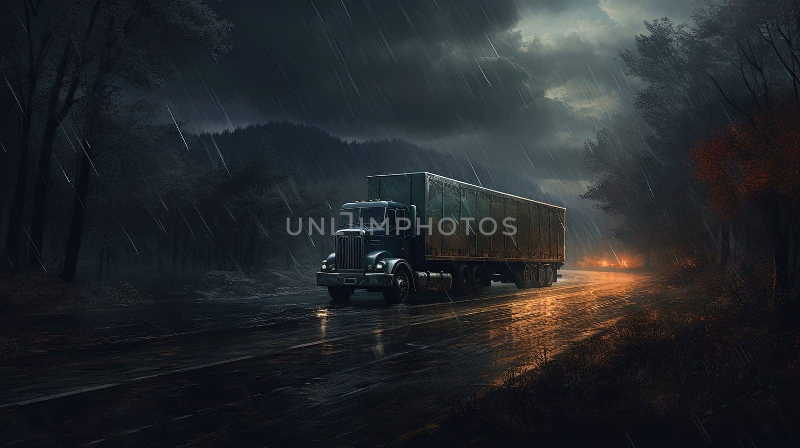 Cargo truck driving in the night or sundown. Transportation industry scene with long haul car. Generated AI