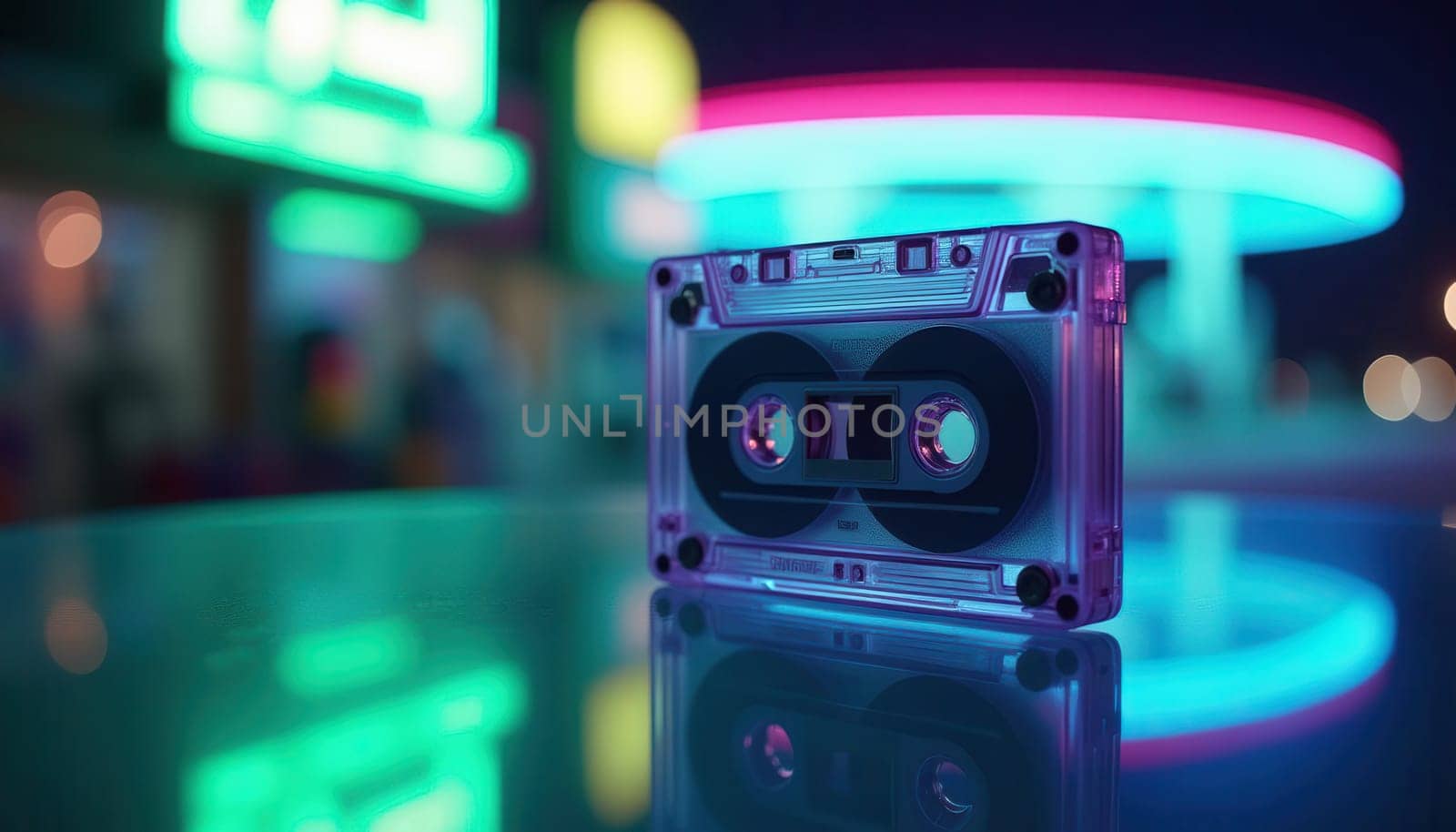 Retro cassette tape with neon lighting in a futuristic urban night setting, featuring vibrant colors and bokeh effects. Generated AI.