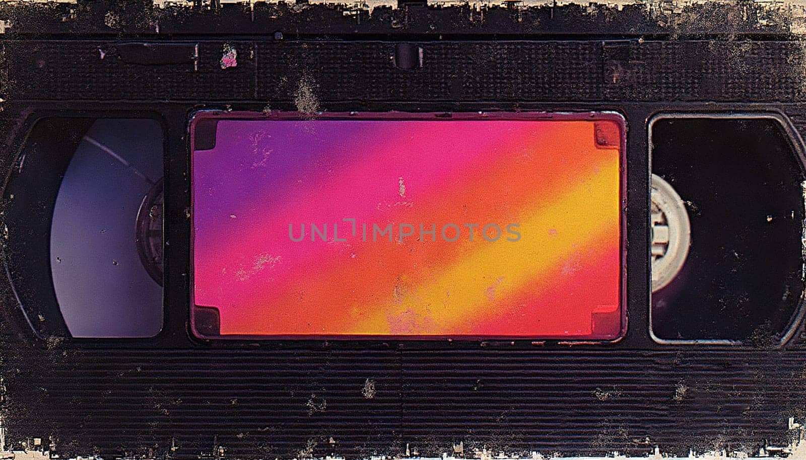 Vintage video cassette with 80s color theme, retro analog tape VHS cassette close up. Generated AI.