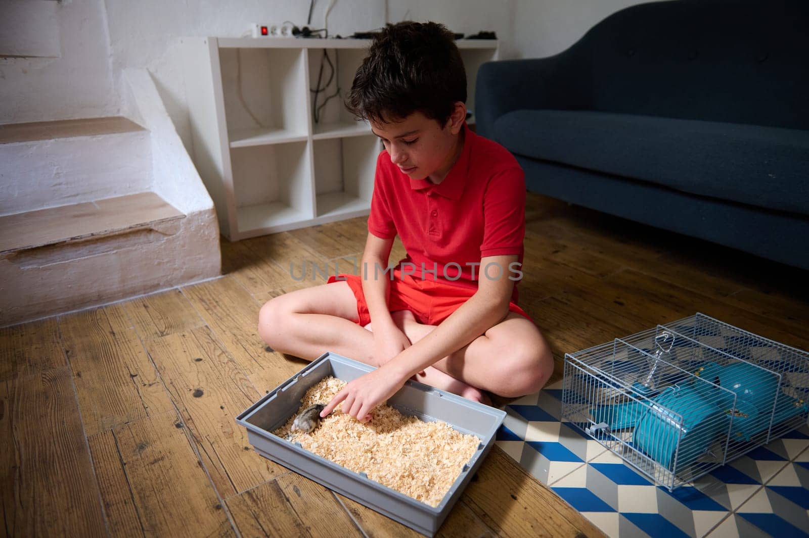 A child in a home environment engages with a small animal in a box near a pet cage.