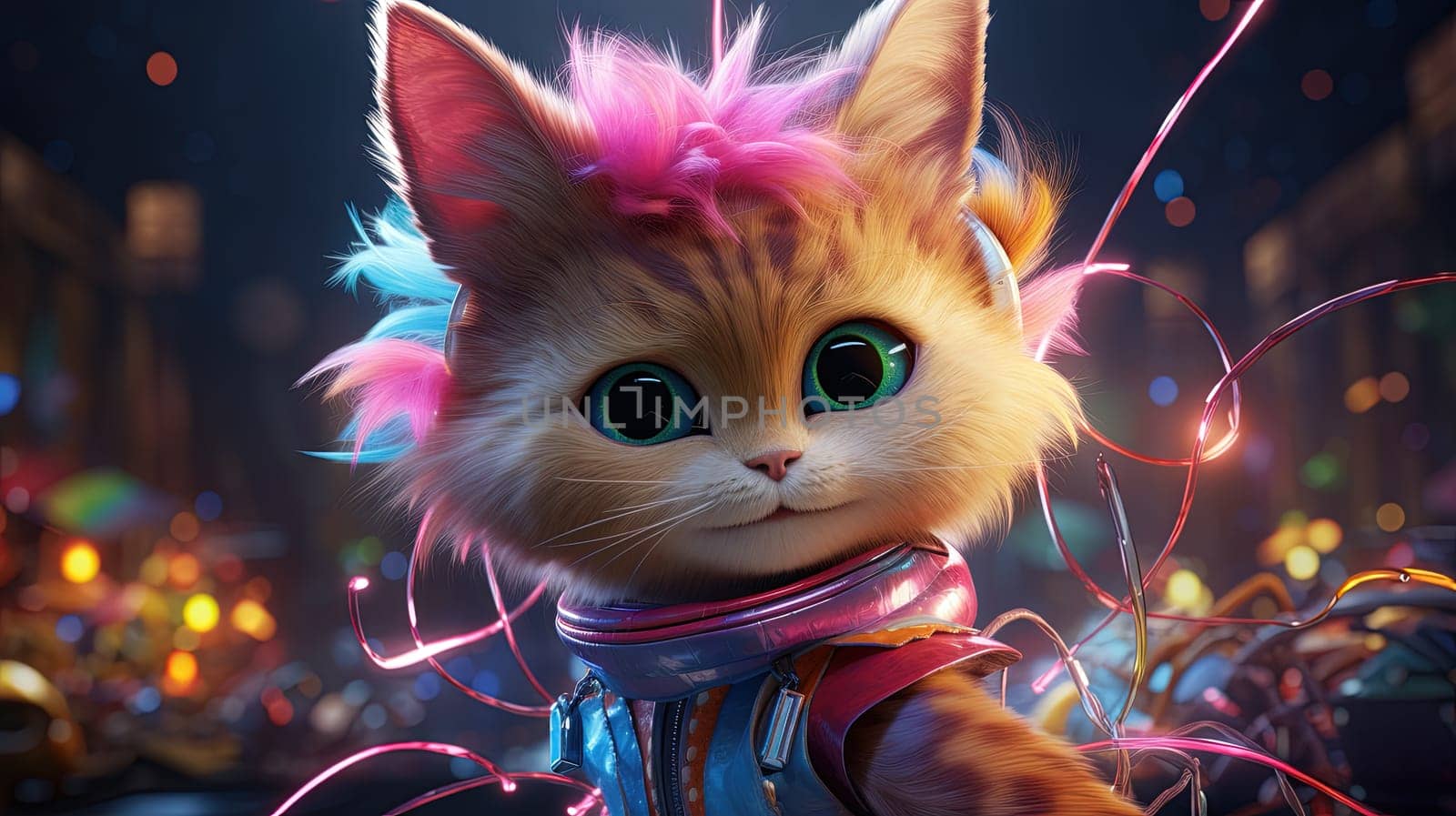 Party cat in neon colors. Funny kitten with holographic hat in 90s style neon lights. Generated AI.