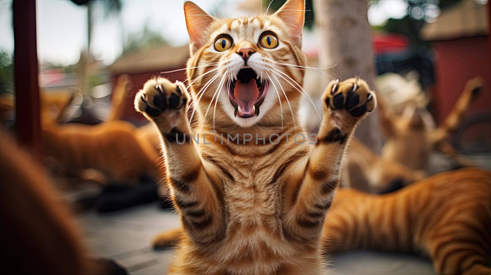 Funny surprised cat with a questioning pose. A cute kitten asks in surprise where the treats are. Generated AI