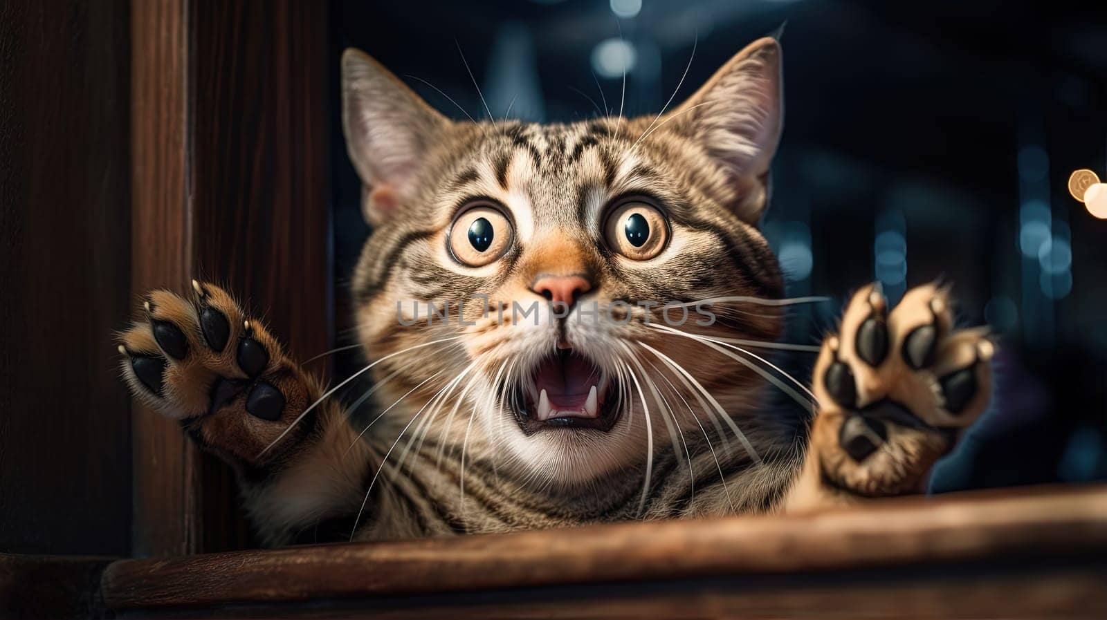 Funny cat with surprised face expression. A cute kitten asks in surprise where the treats are. Generated AI