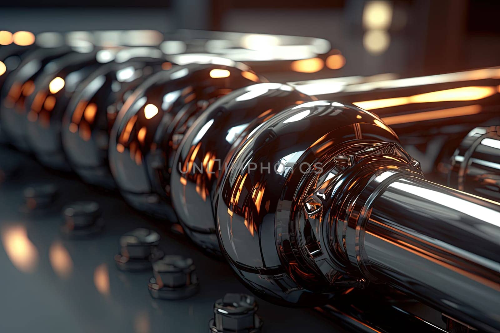 Abstract chrome pipes composition. Industry themed background with shiny metallic connected pipes. Generated AI