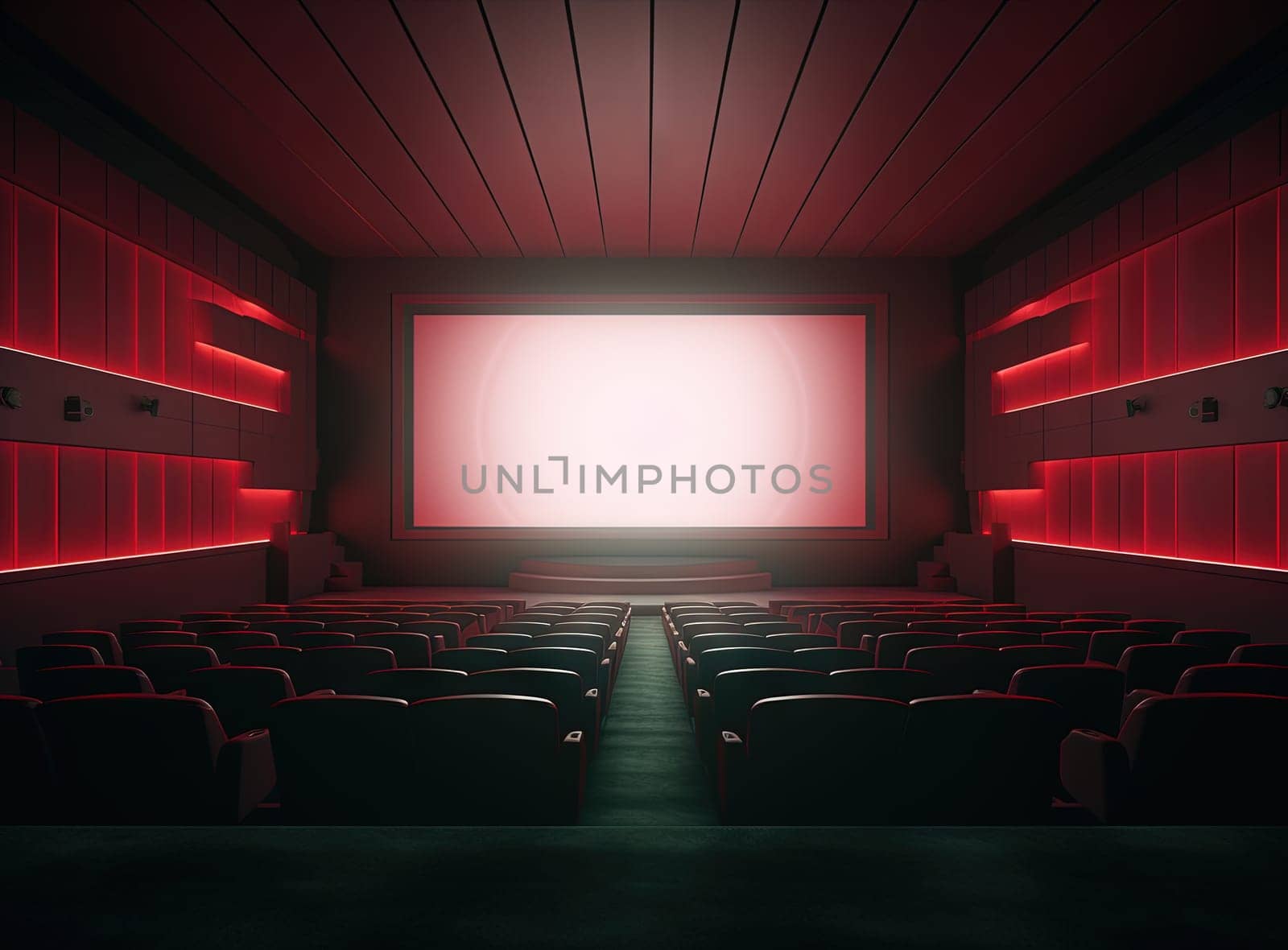 Cinema theater with movie scene on wide screen and empty chairs in the cinema hall. Generated AI.