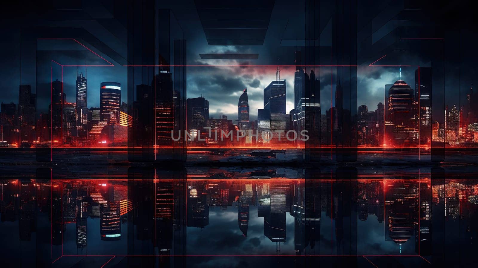Neon technology city business concept with skyscraper buildings and virtual network connection. Generated AI