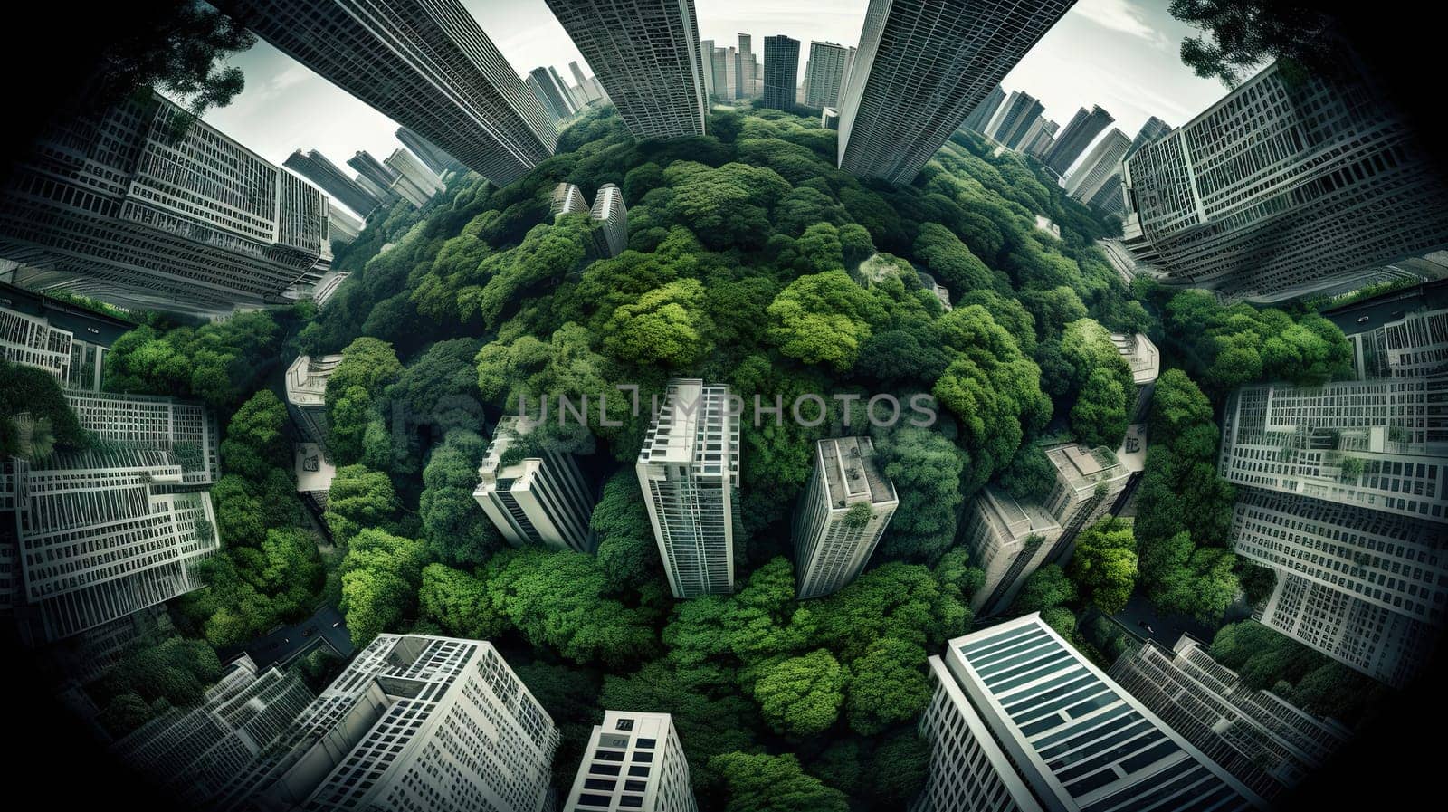 Retro futuristic cityscape flooded with green plants. Green technology. Environmental technology concept. Sustainable development goals. Generated AI.