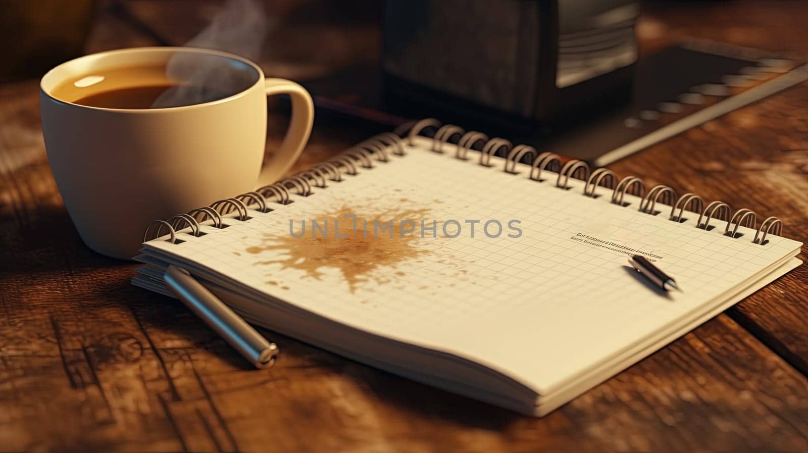 Cup of coffee and notepad with pen composition, top view. Generated AI