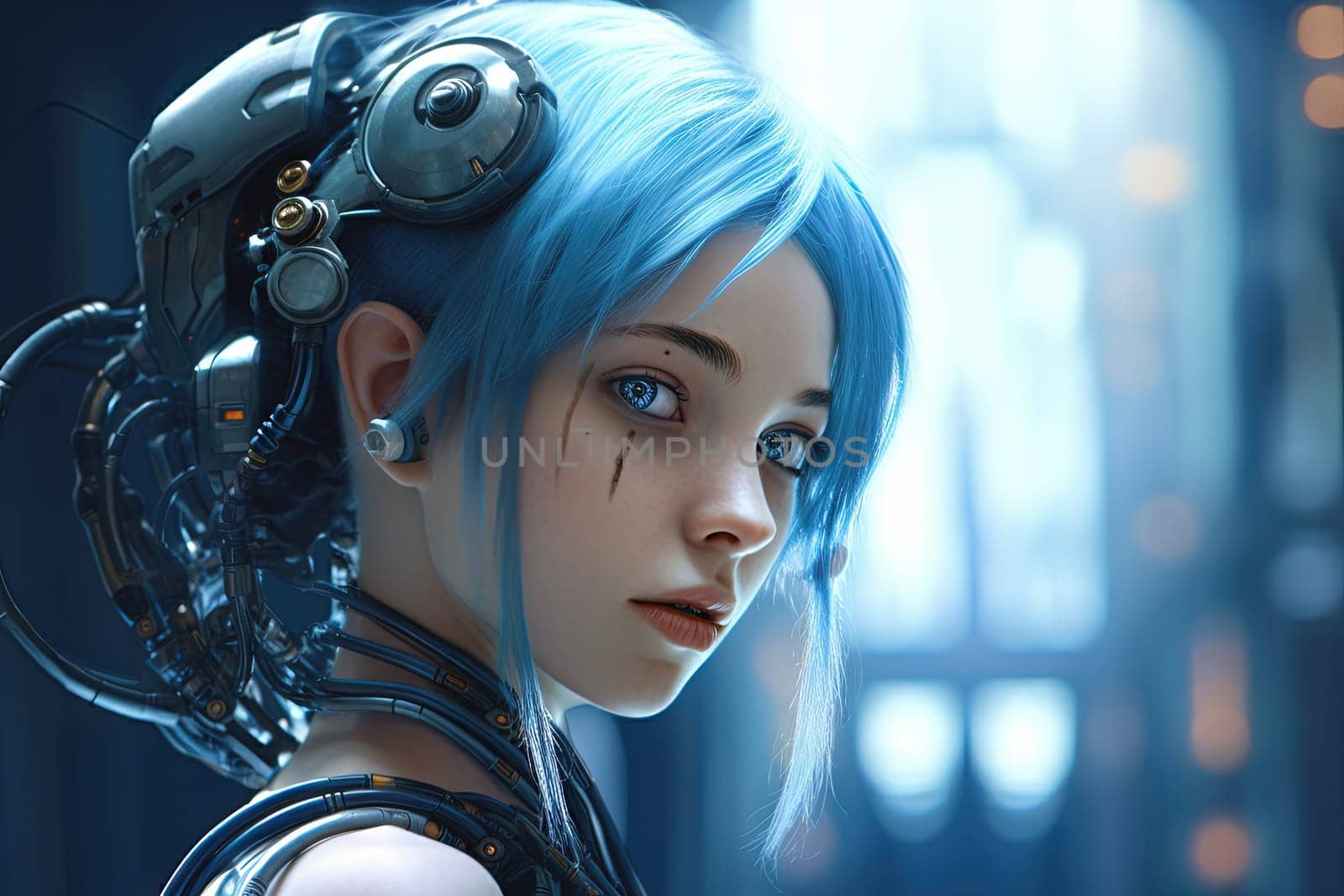 Cyborg or digitally improved human. Artificial intelligence and technology concept with advanced woman. Generated AI