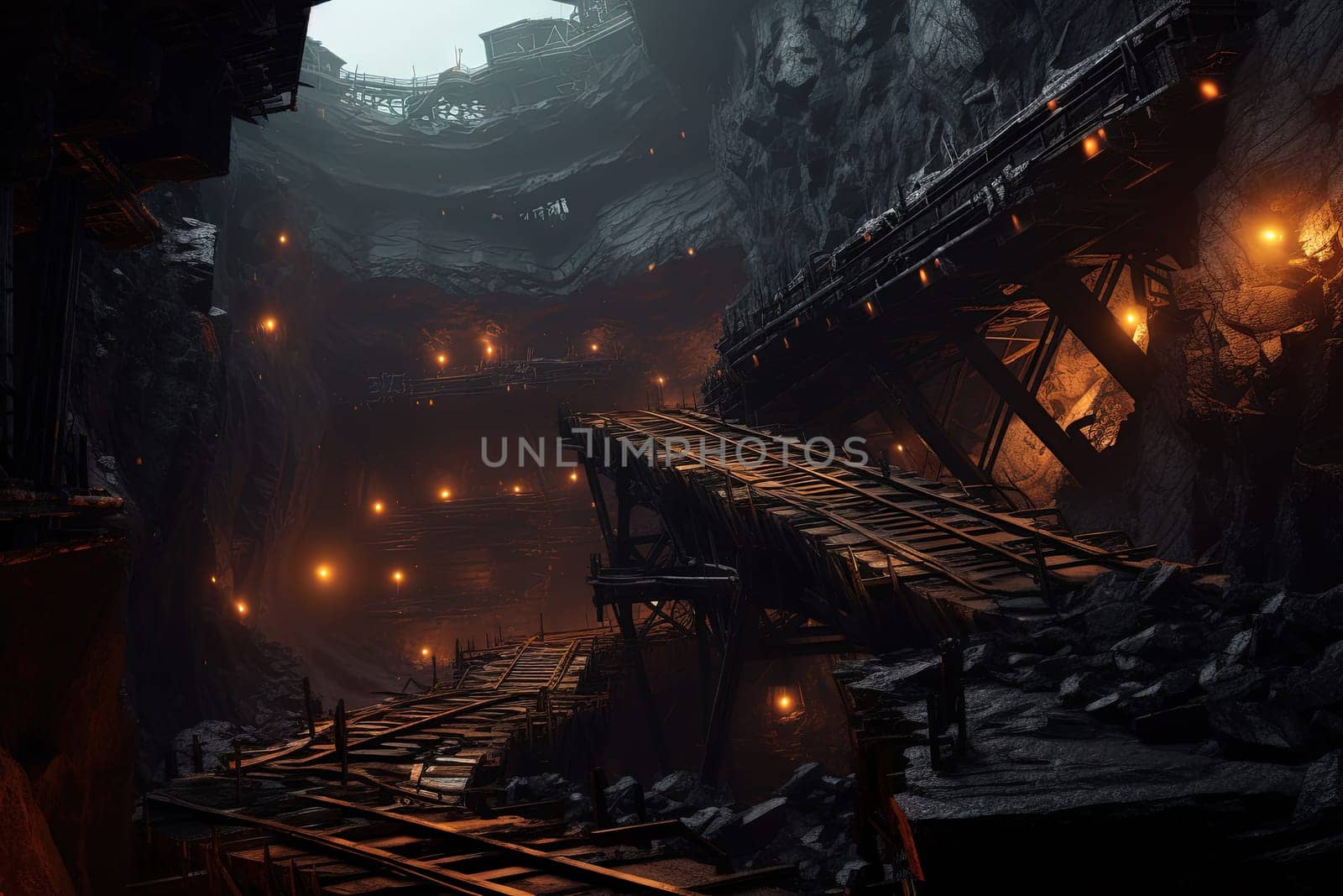 Hot underground mine with machinery for resource extraction. Industrial background with coal mine. Generated AI
