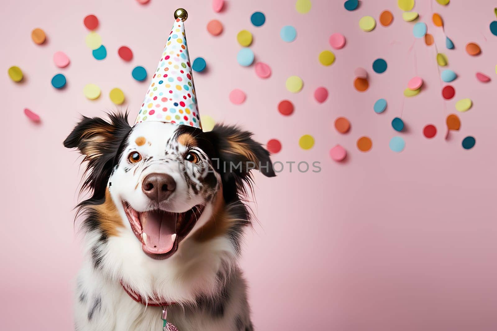 Dog celebrating birthday wearing cone hat. Happy birthday greeting card with funny puppy and copy space. Generated AI.