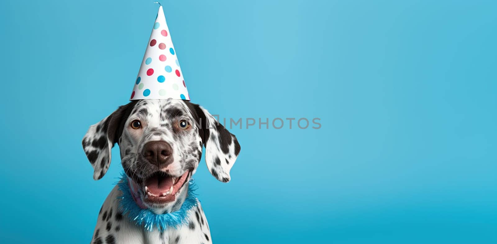 Dog celebrating birthday wearing cone hat. Happy birthday greeting card with funny puppy and copy space. Generated AI.