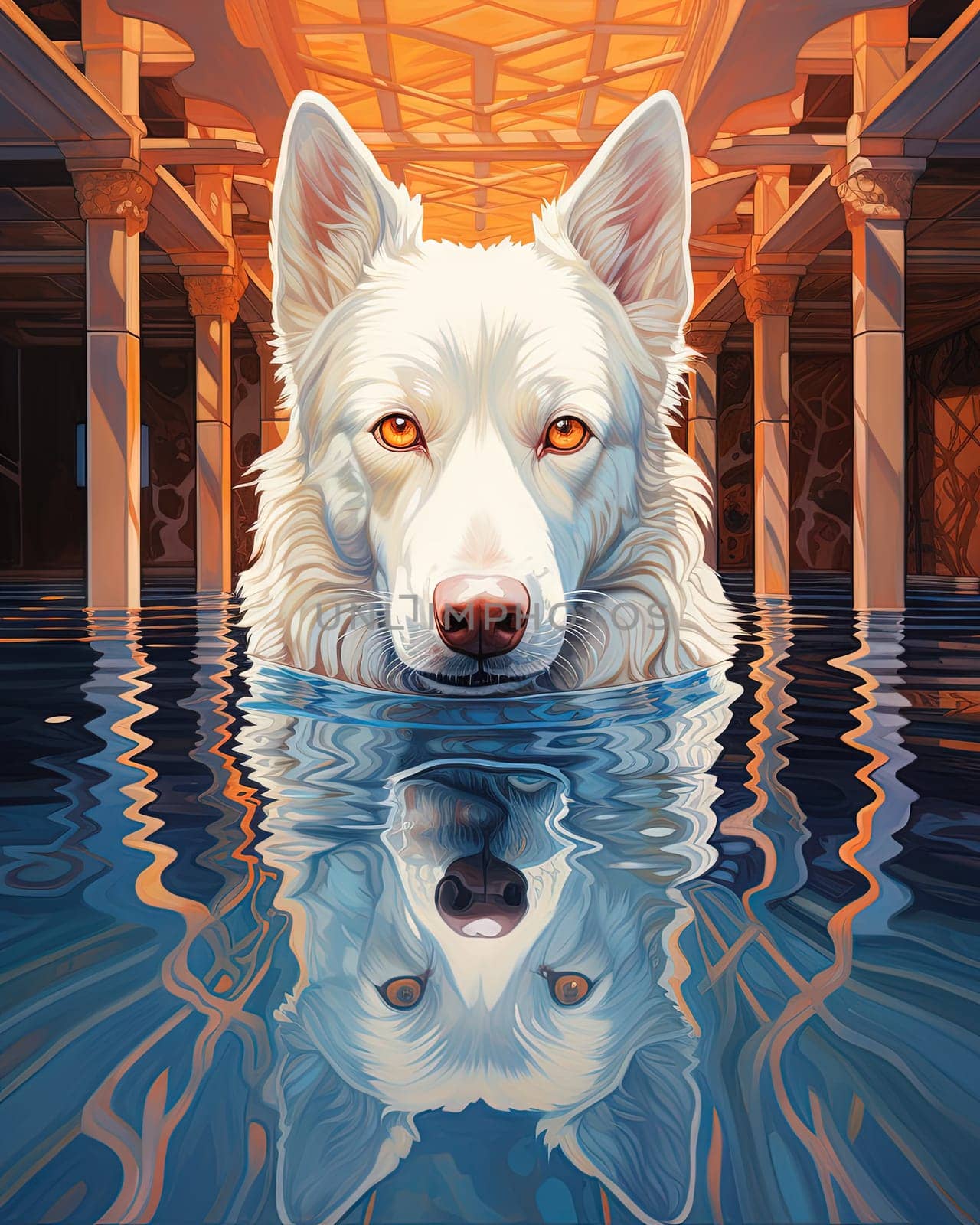 White dog in pool in artistic 3D style, digital art surrealism. Generated AI.