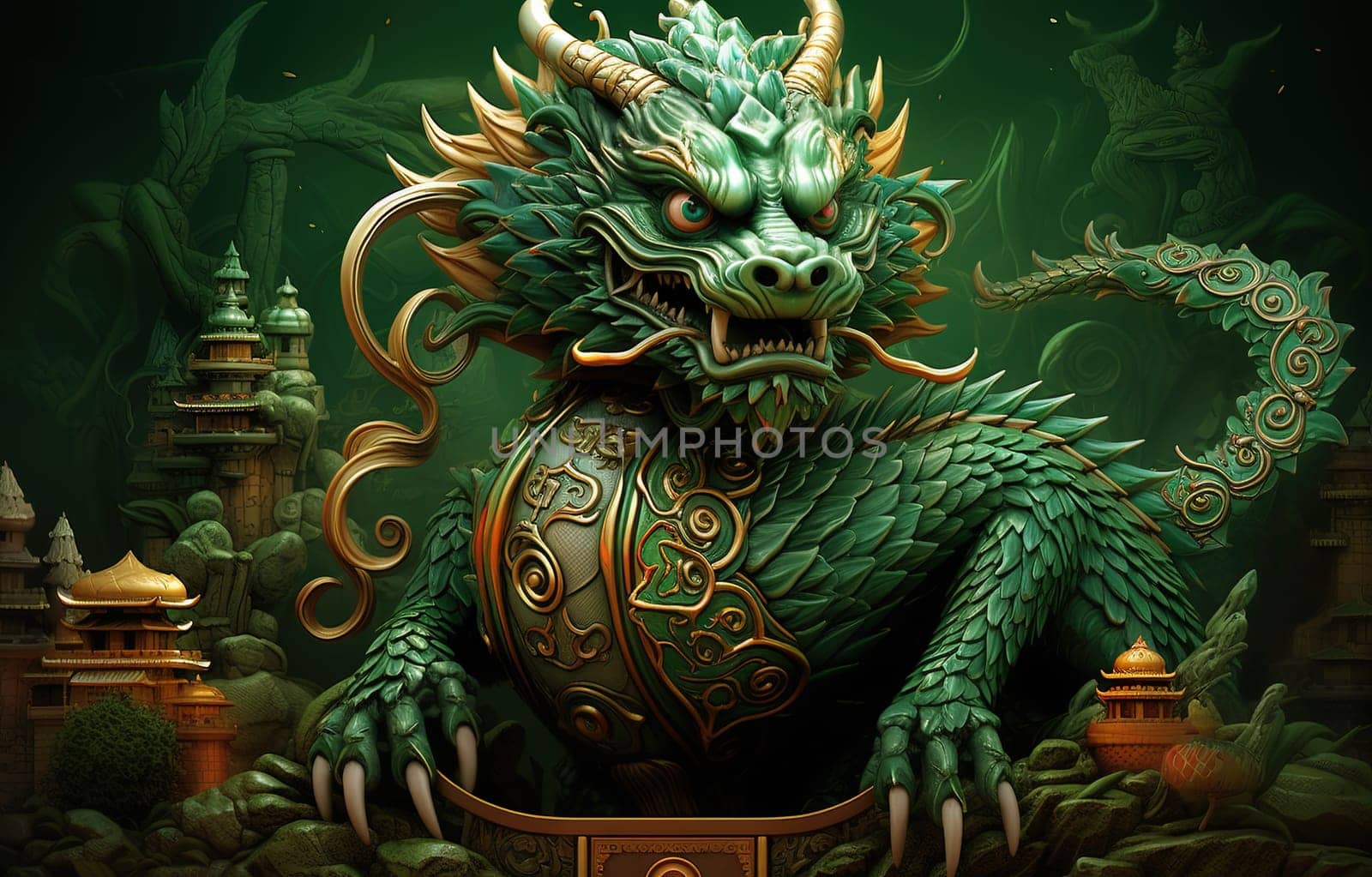 Green dragon, traditional mysterious monster of asian mythology. Generated AI