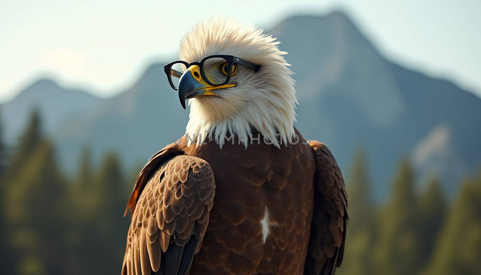 Close-up of a majestic eagle wearing glasses against a mountain landscape. Generated AI.