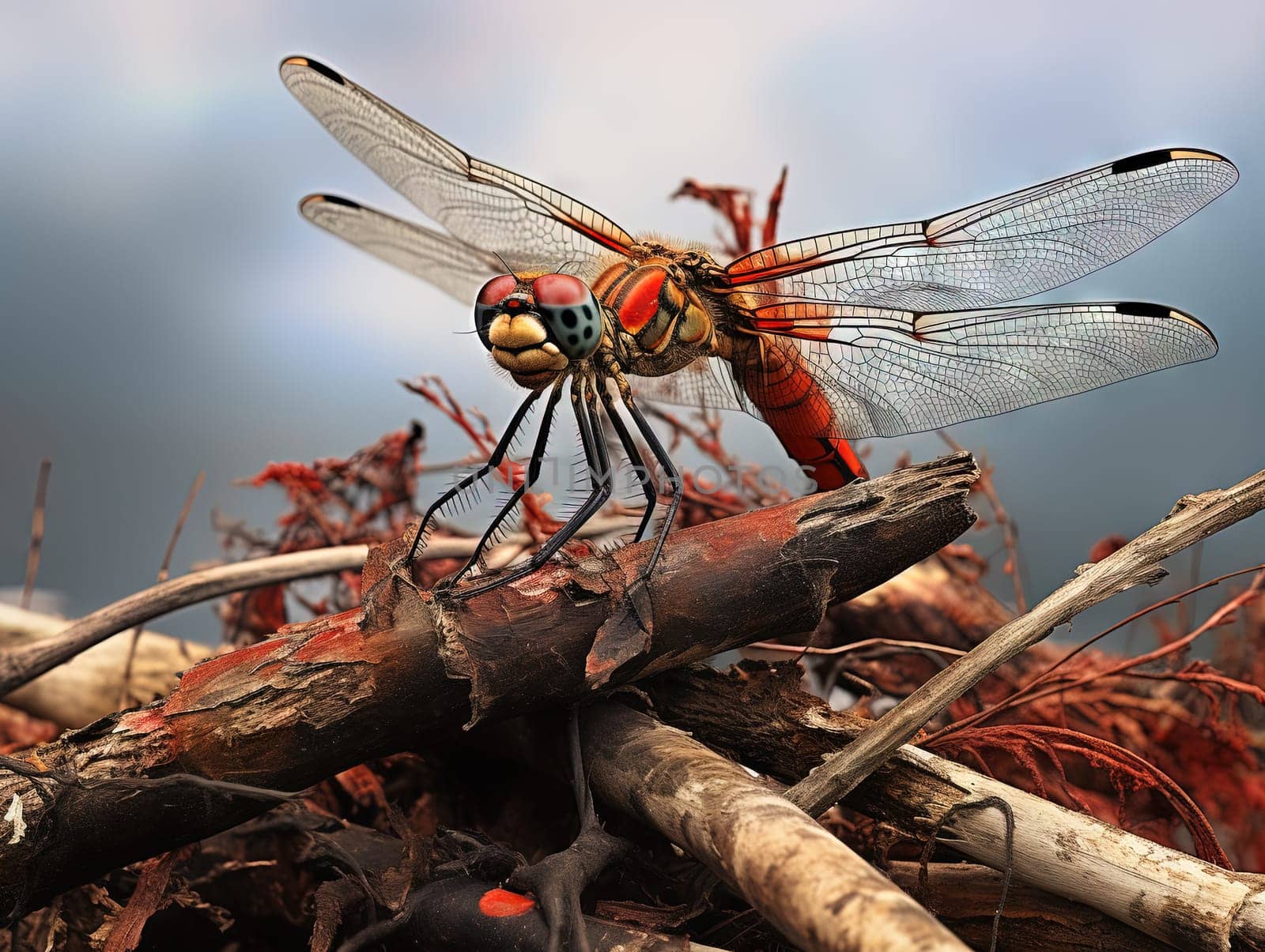 Red dragonfly sitting on the dry plants. Big abstract insect colse up view. Generated AI