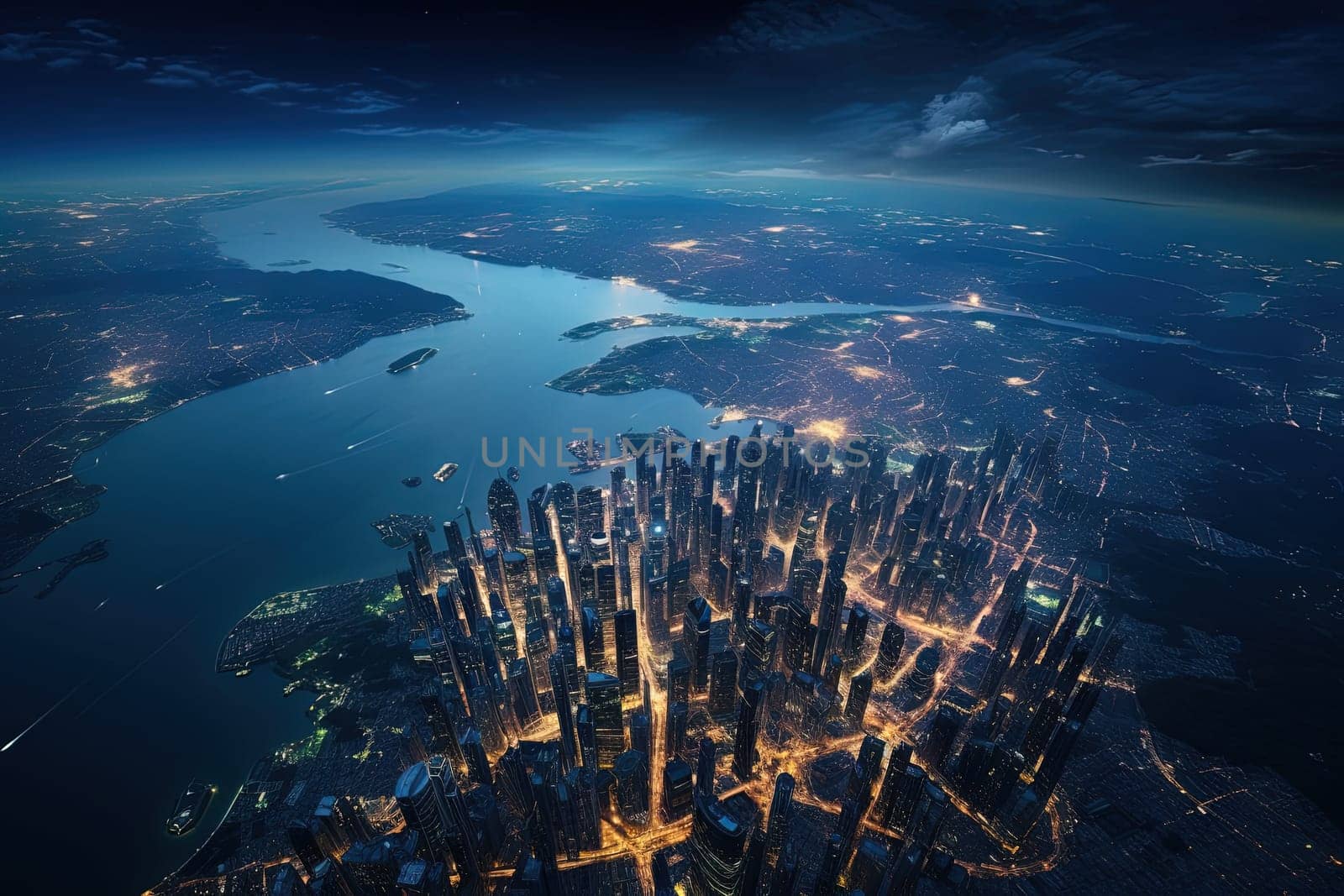 Futuristic city aerial view at night. Structure of sci-fi metropolis with neon lights from the bird view. Generated AI.