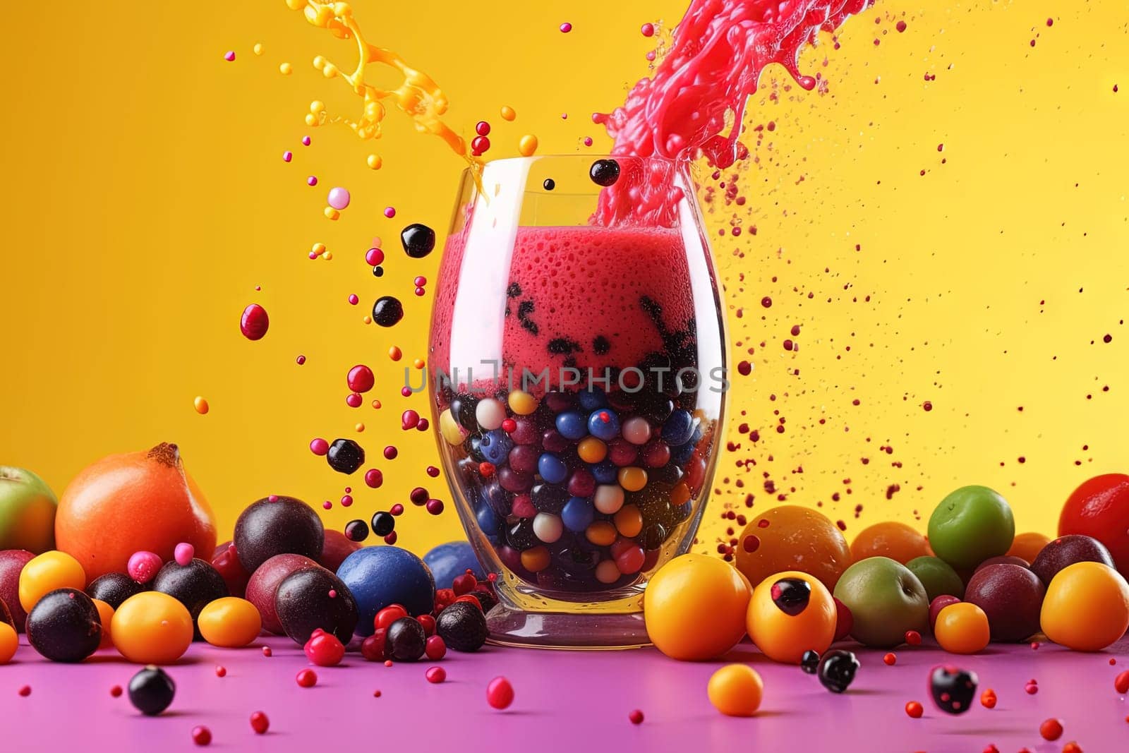 Fruit juice and berries in bubble tea with juicy splash in the glass. Generated AI