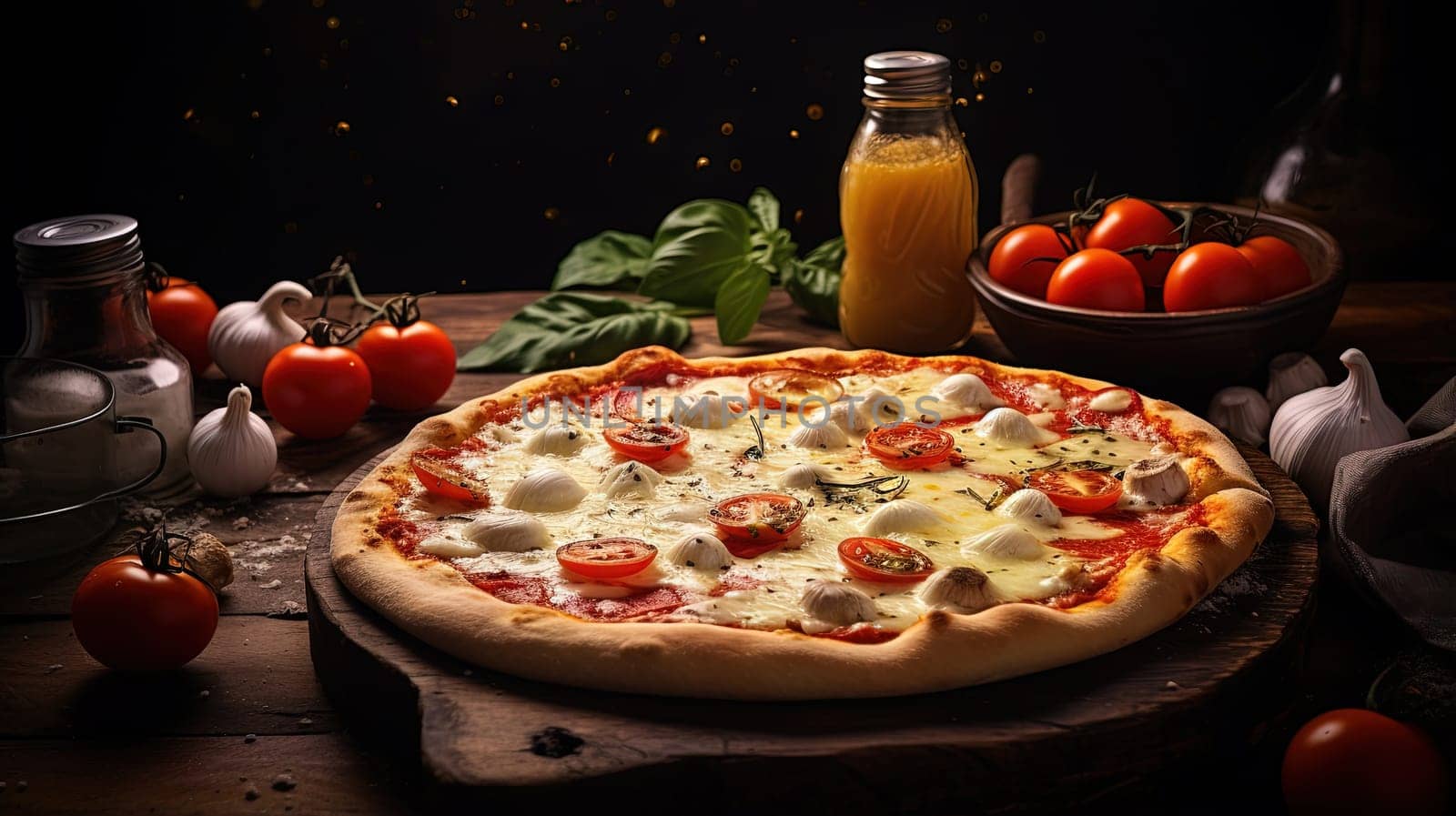 Pizza with cheese, tomatoes and other ingredients on the kitchen table. Generated AI