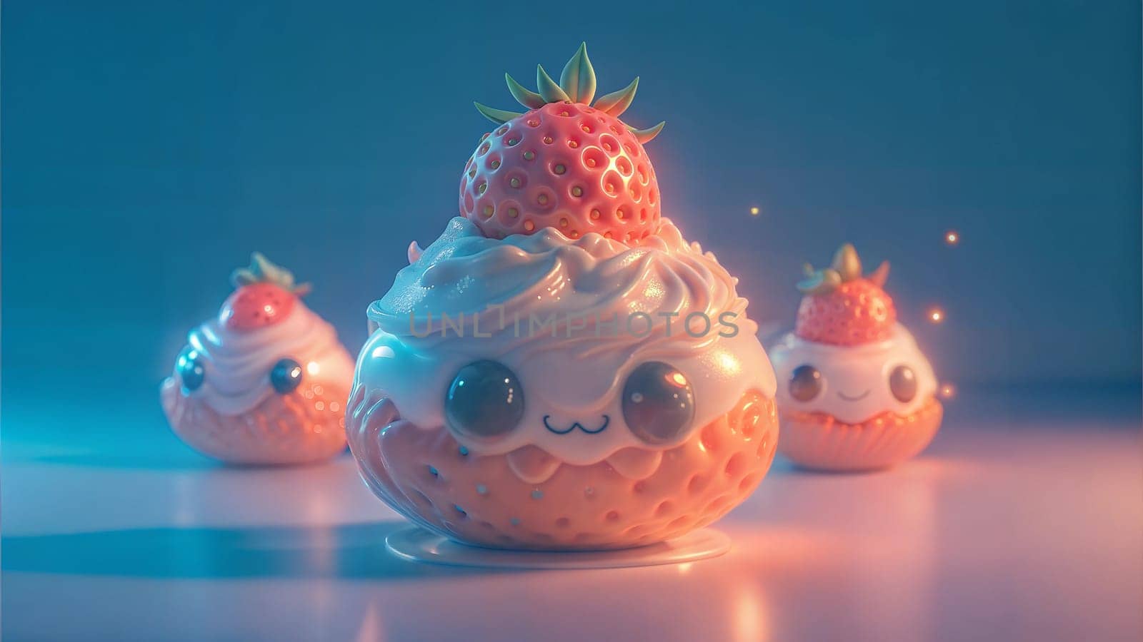 3D strawberry cupcake character with cream in kawaii style and dreamy colors. Generated AI.