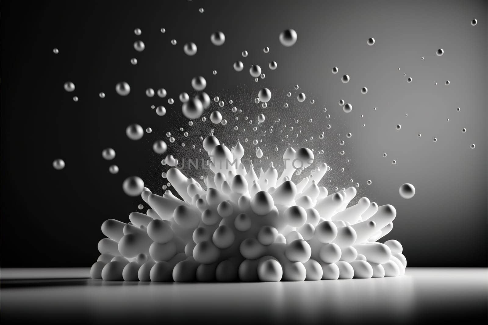 Abstract foam clouds with splashing forms and drops. Black and white foam cloud background. Generated AI.