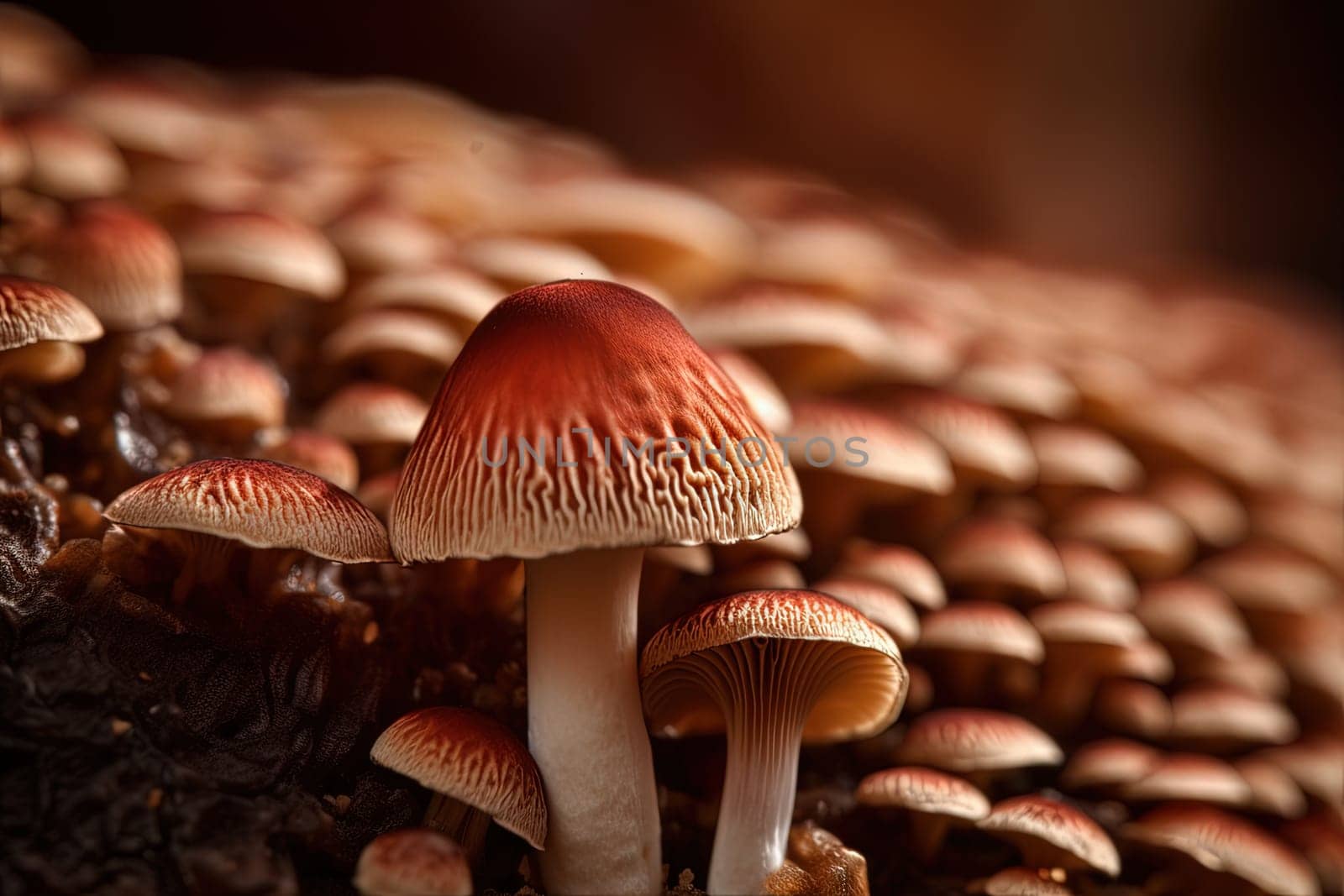 Abstract boletus mushrooms. Big fungus with mushroom plates close up image. Generated AI