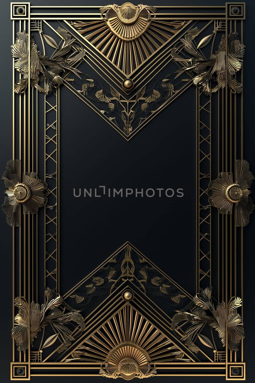 Golden art deco frame with ornament. Retro golden art deco or art nouveu frame in roaring 20s style. Generative AI