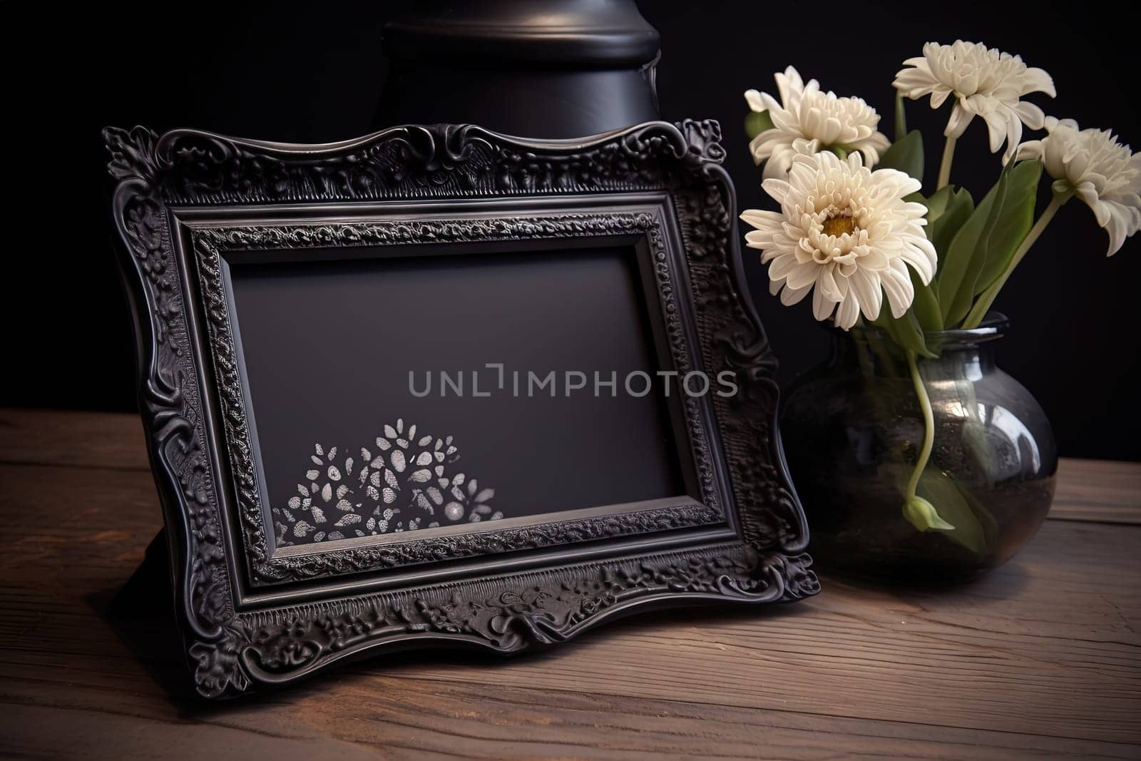 Black vintage ornate frame in classic style. Dark gothic royal frame in the room. Generated AI
