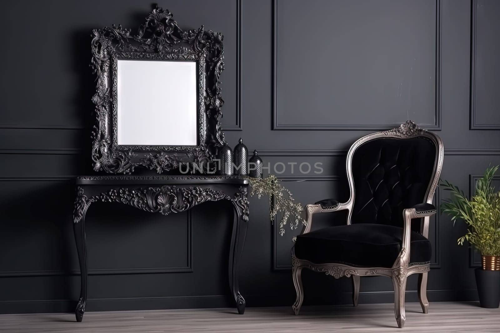 Black vintage ornate frame in classic style. Dark gothic royal frame in the room. Generated AI