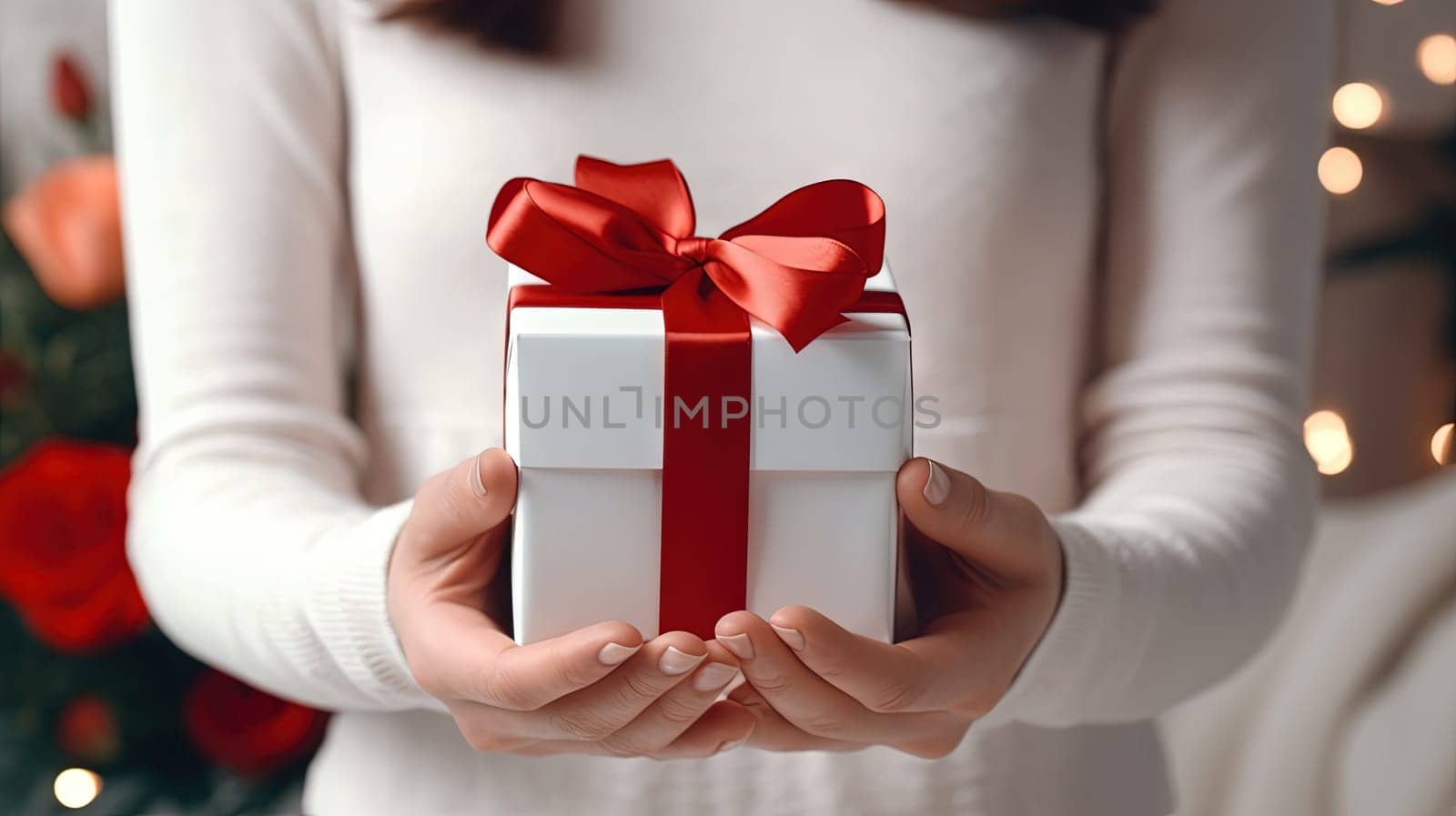 Woman hands holding the gift, presenting the box with bow. Generated AI