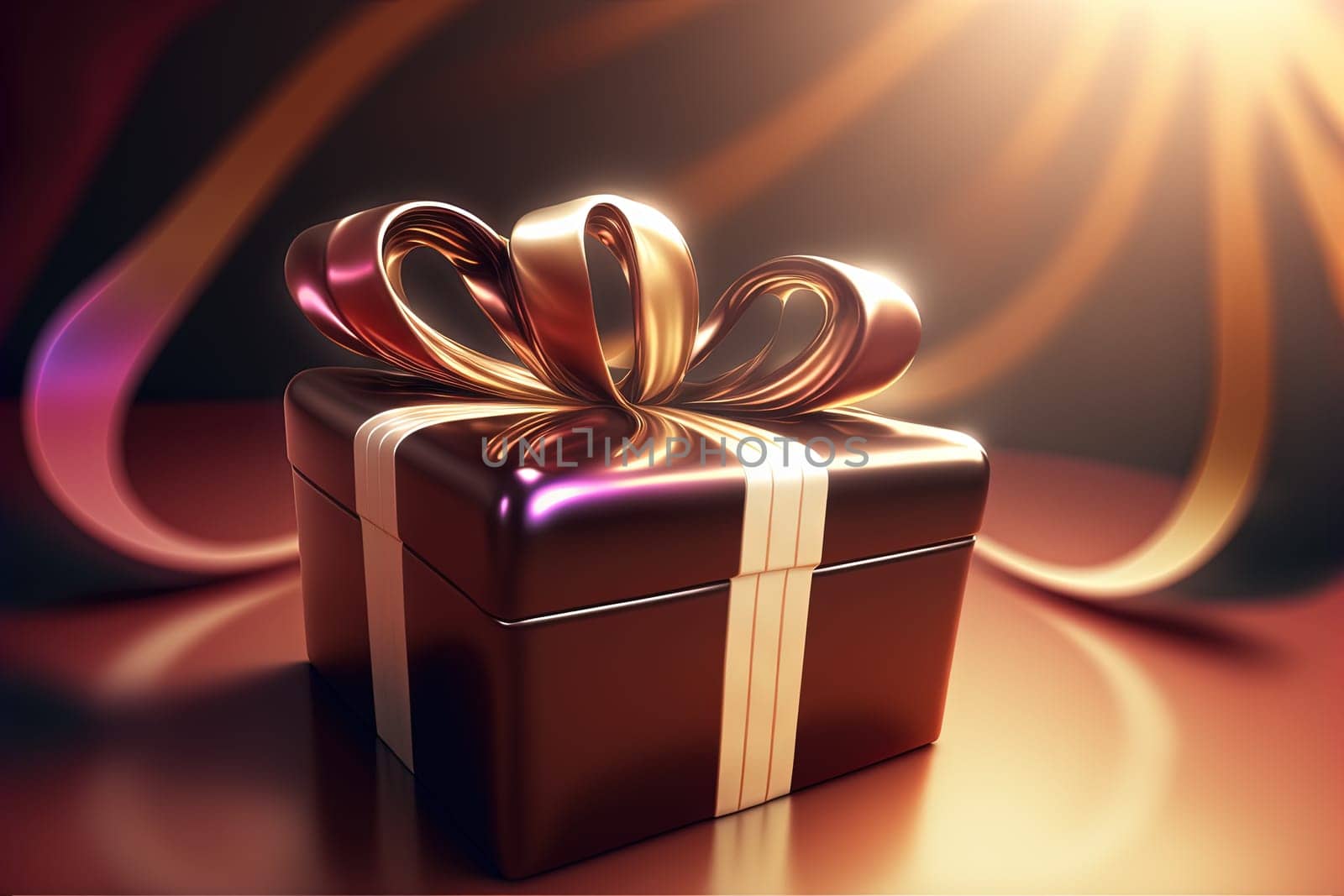 Cute and cozy gift box with ribbon. Gift box on shiny bokeh background. Generated AI
