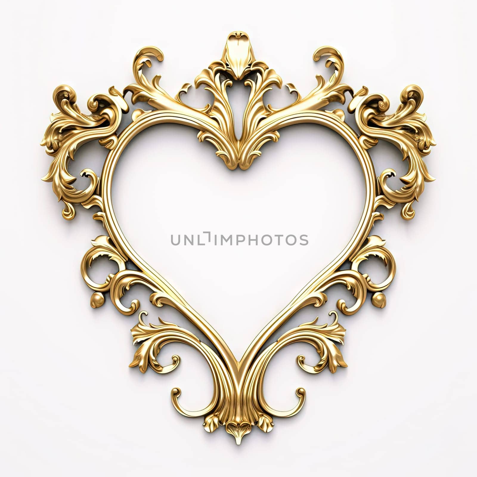 Romantic golden ornamental heart shaped frame in royal or empire style. Retro golden frame with vintage ornament. Generated AI
