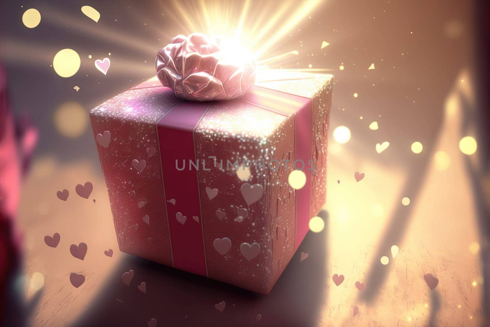 Cute and cozy gift box with ribbon. Gift box on shiny bokeh background. Generated AI