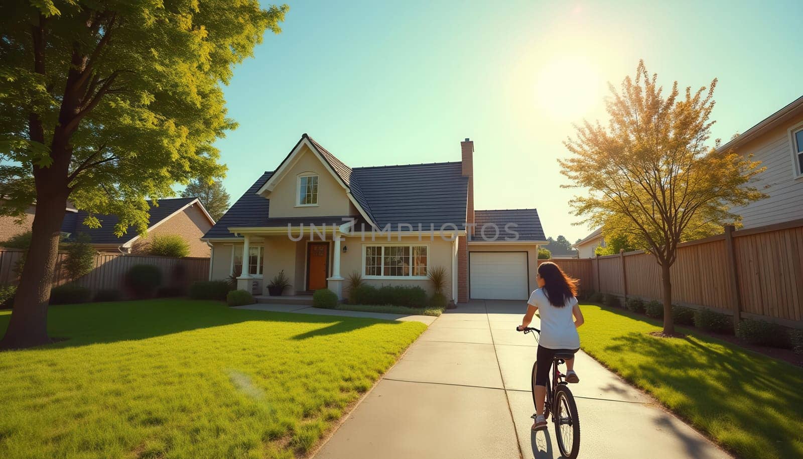 Beautiful suburban house with landscaped lawn, trees, and blue sky on a sunny day. Generated AI.