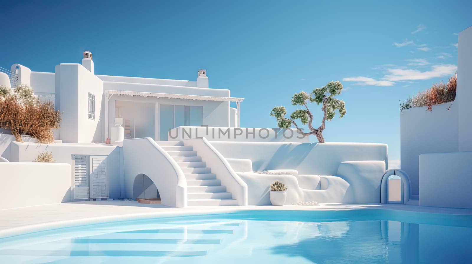 Hotel pool in the sunny day with blue water and white buildings. Resort architecture with swimming pool. Generated AI