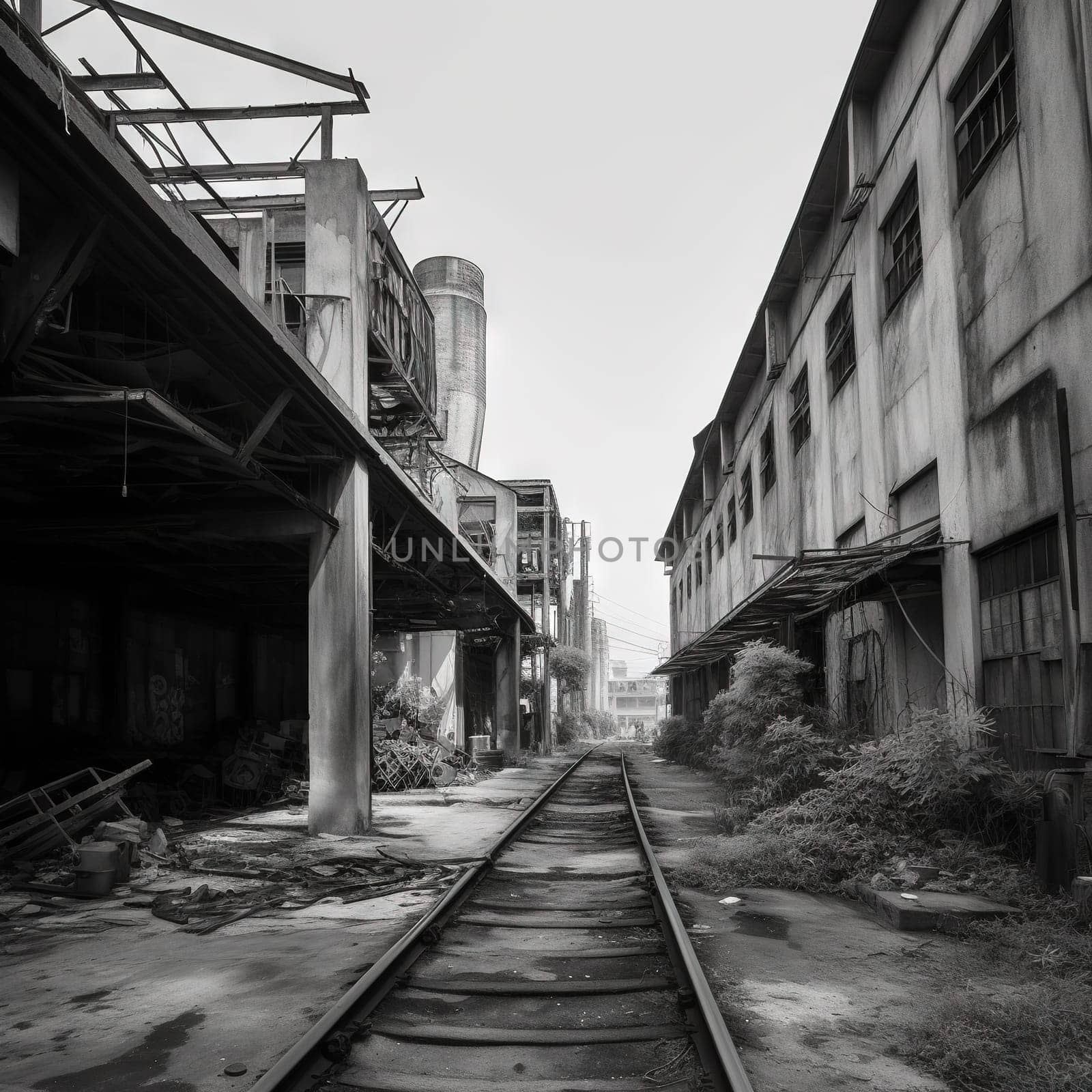 Abandoned industrial factory with rusty metallic warehouse buildings and railway. Generated AI