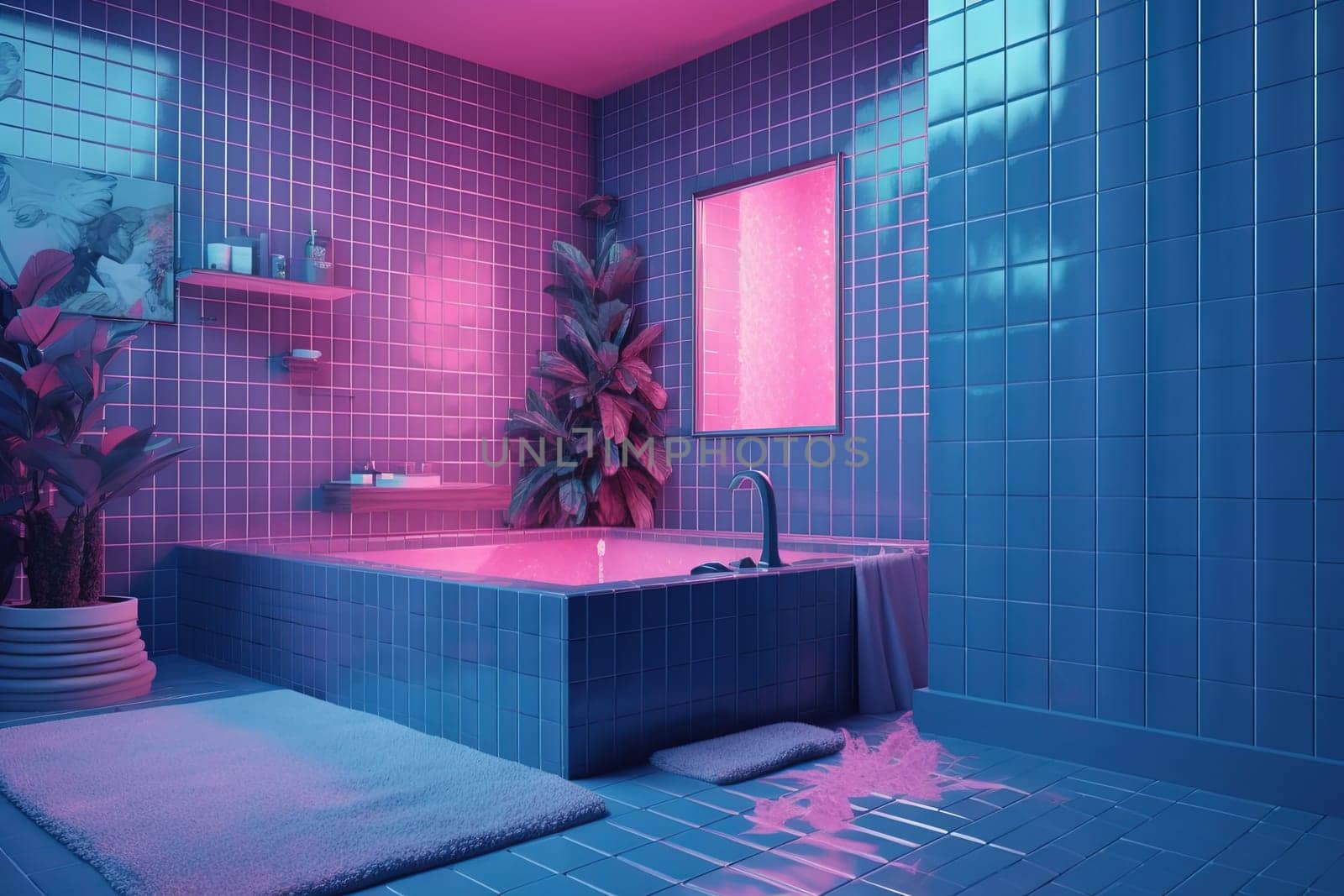 Stylish bathroom interior design in vaporwave style. Bathtub, towels and other personal bathroom accessories in blue and pink colors. Modern glamour interior concept. Generated AI