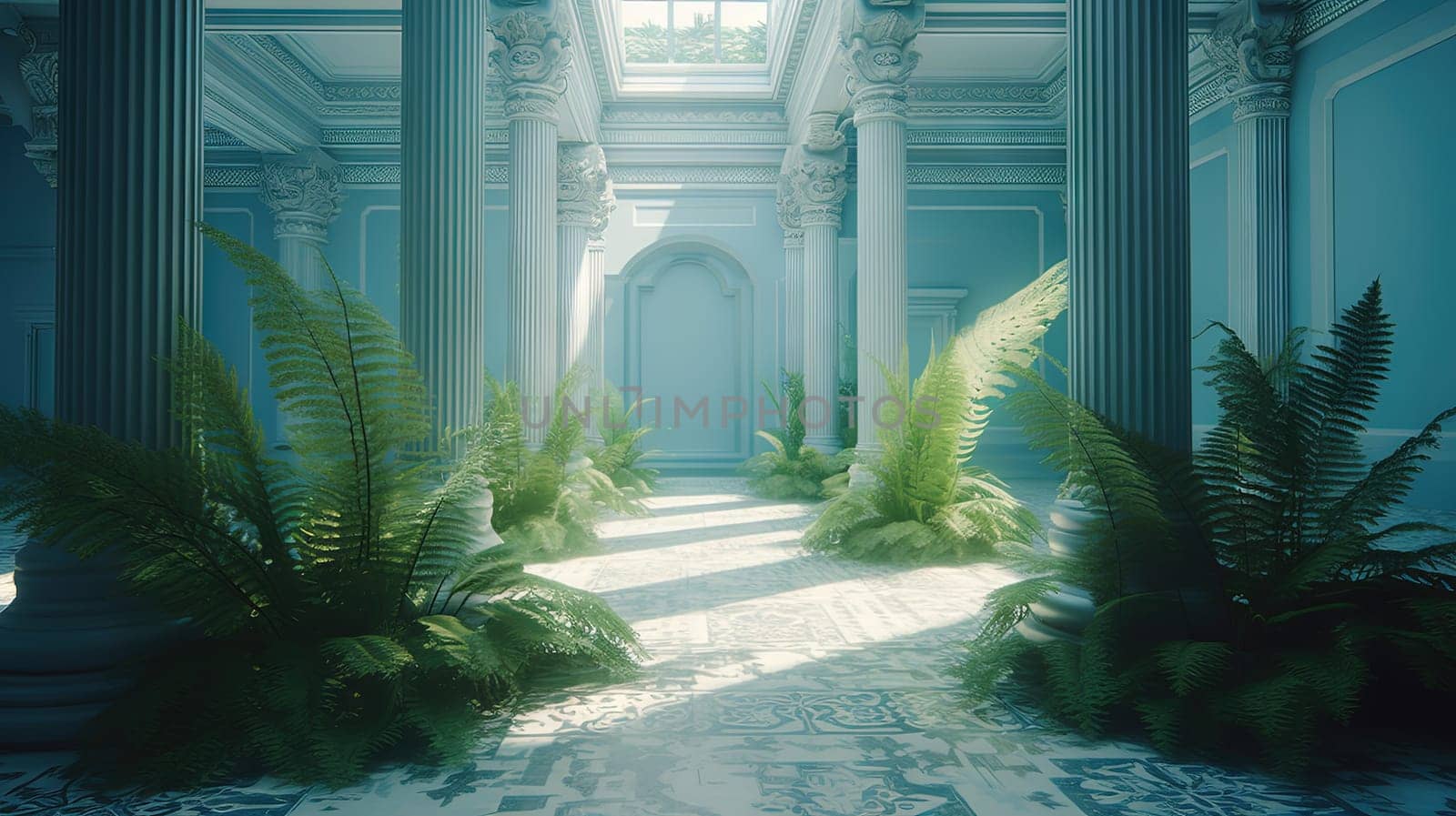 Corridor of blue columns and green plants in antique styled hotel. Generated AI