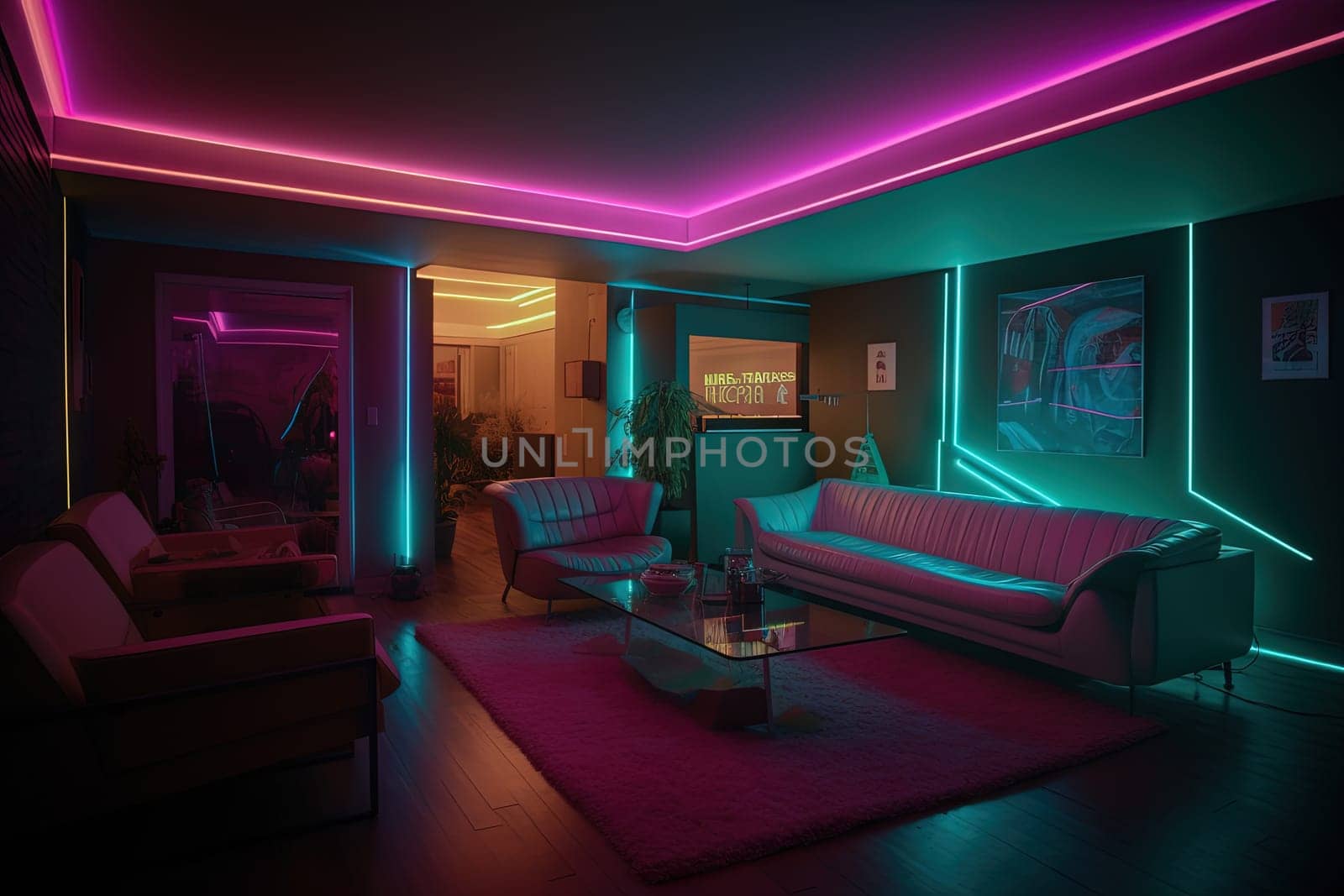 Synthwave style neon room. Retro interior in 80s style with neon lights. Generated AI