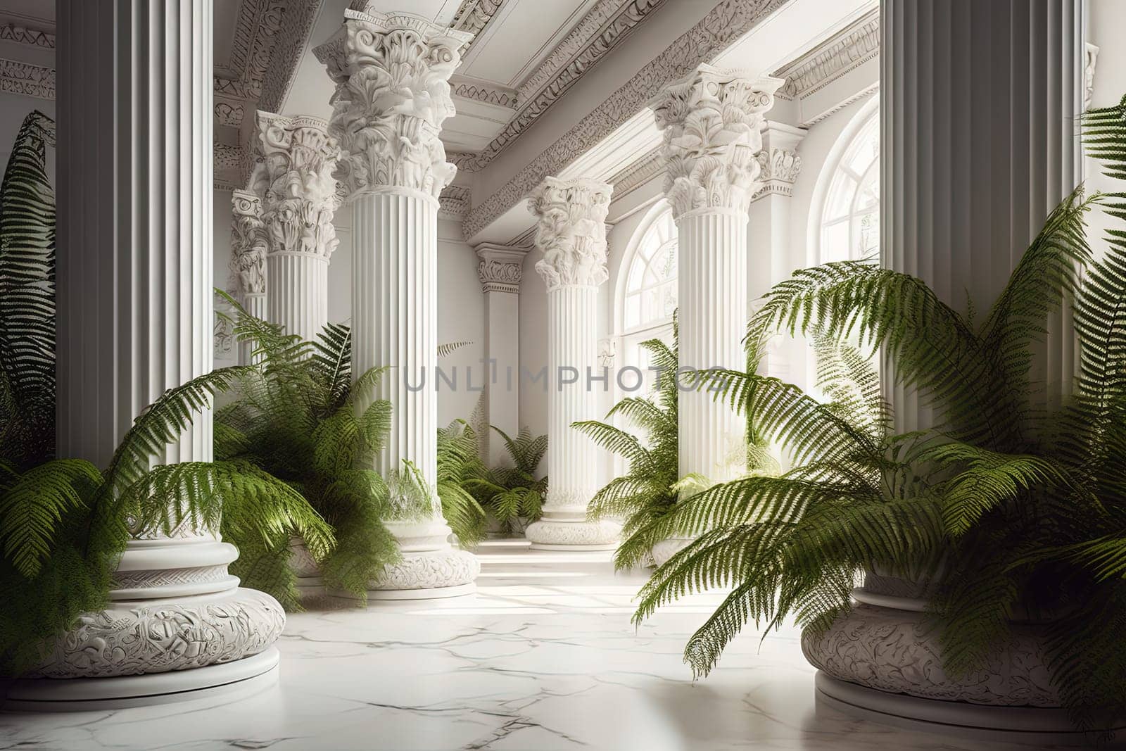 Large white hall with tall pillars and a lot of greenery. Generated AI.