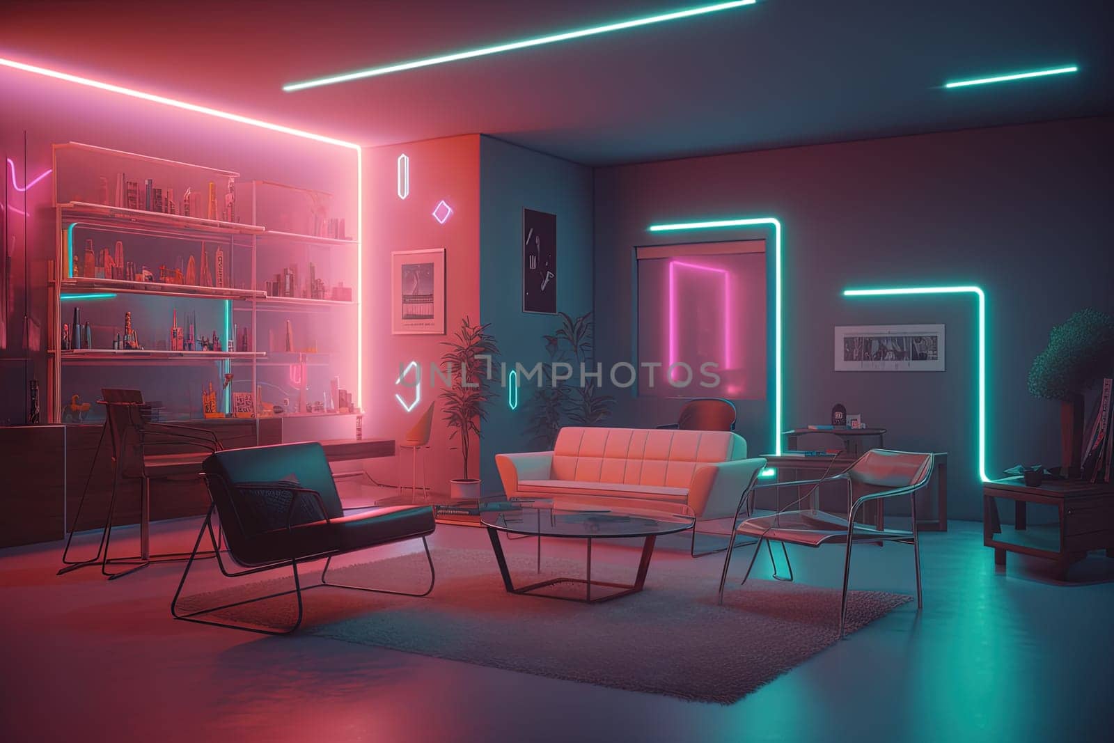Synthwave style neon room. Retro interior in 80s style with neon lights. Generated AI